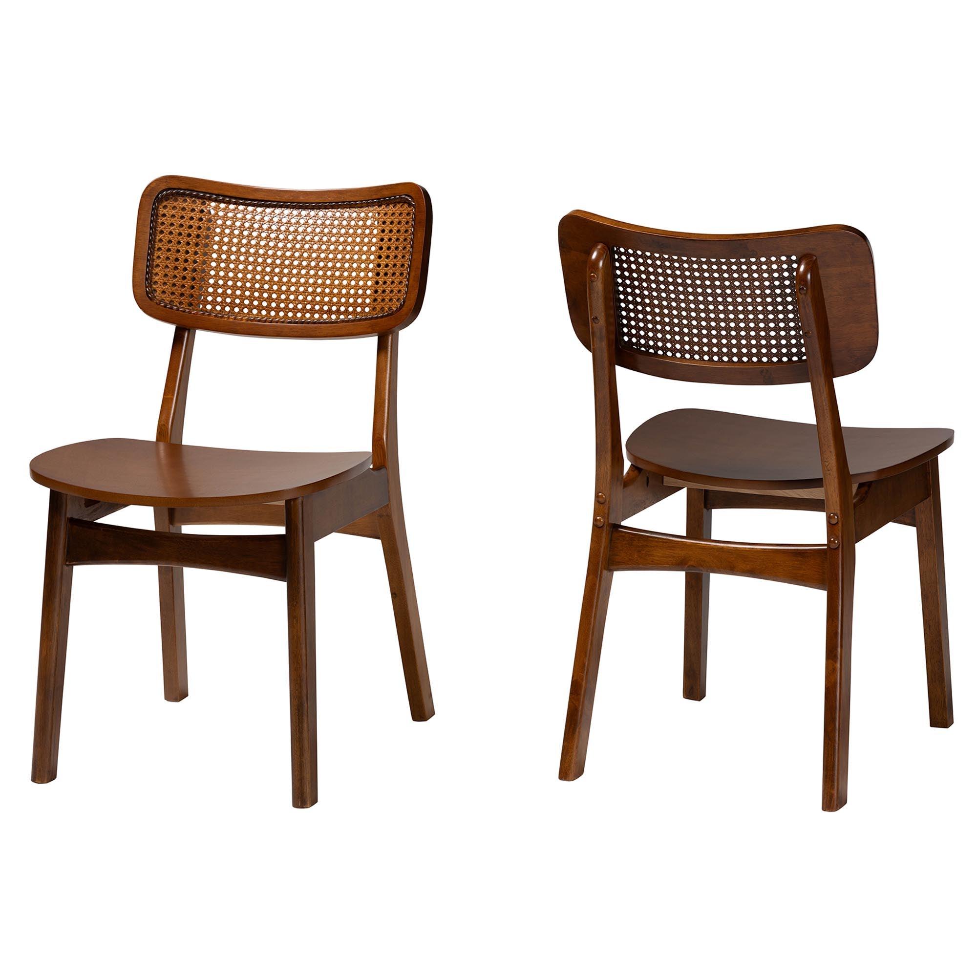 Tafari Mid-Century Modern Finished Wood and Rattan 2-Piece Dining Chair Set