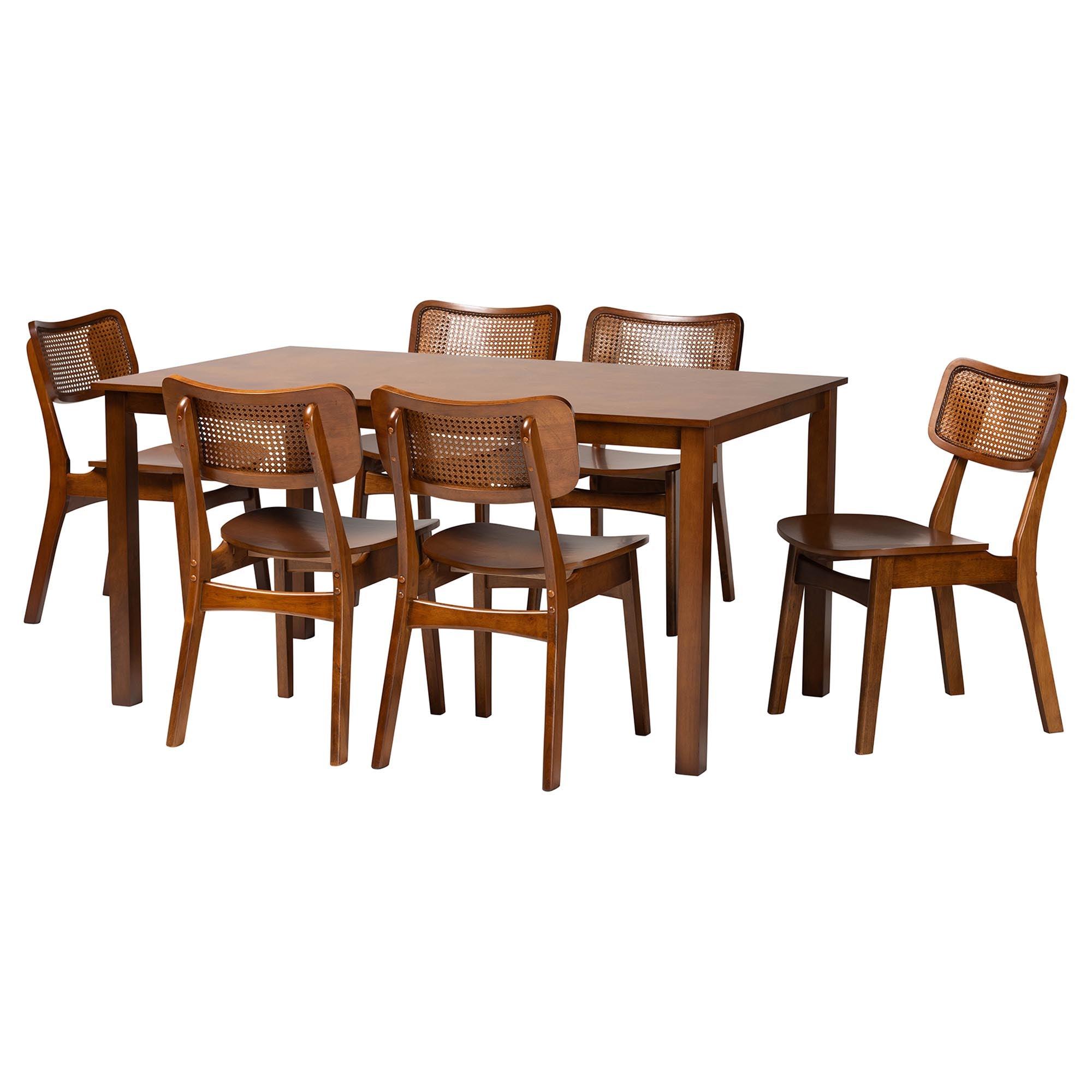 Estera Mid-Century Modern Finished Wood and Rattan 7-Piece Dining Set