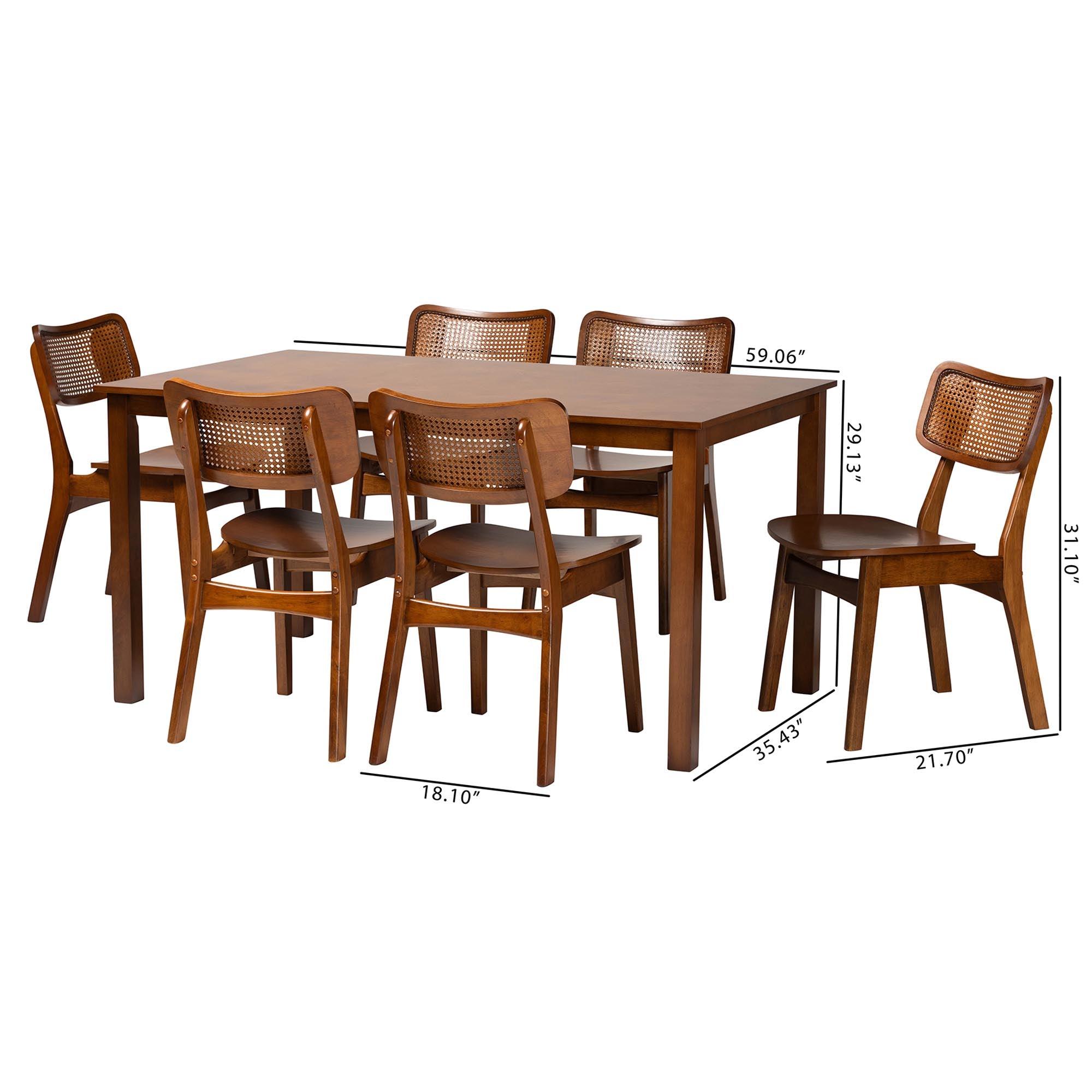 Estera Mid-Century Modern Finished Wood and Rattan 7-Piece Dining Set