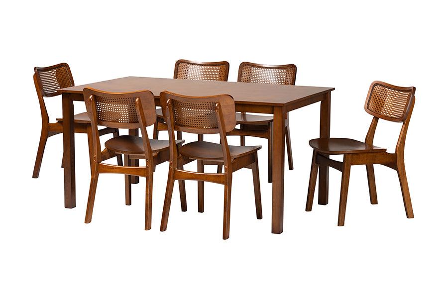 Estera Mid-Century Modern Finished Wood and Rattan 7-Piece Dining Set