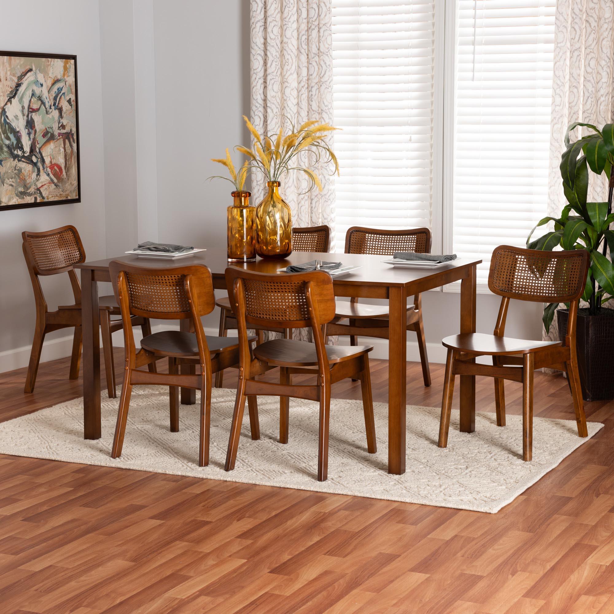 Estera Mid-Century Modern Finished Wood and Rattan 7-Piece Dining Set