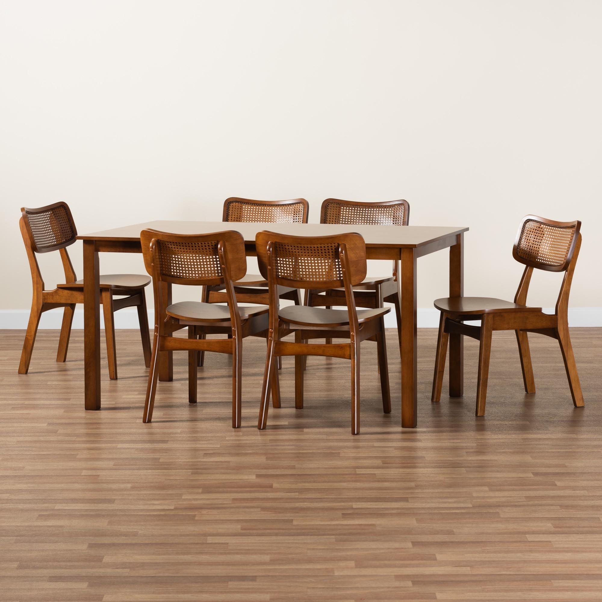 Estera Mid-Century Modern Finished Wood and Rattan 7-Piece Dining Set