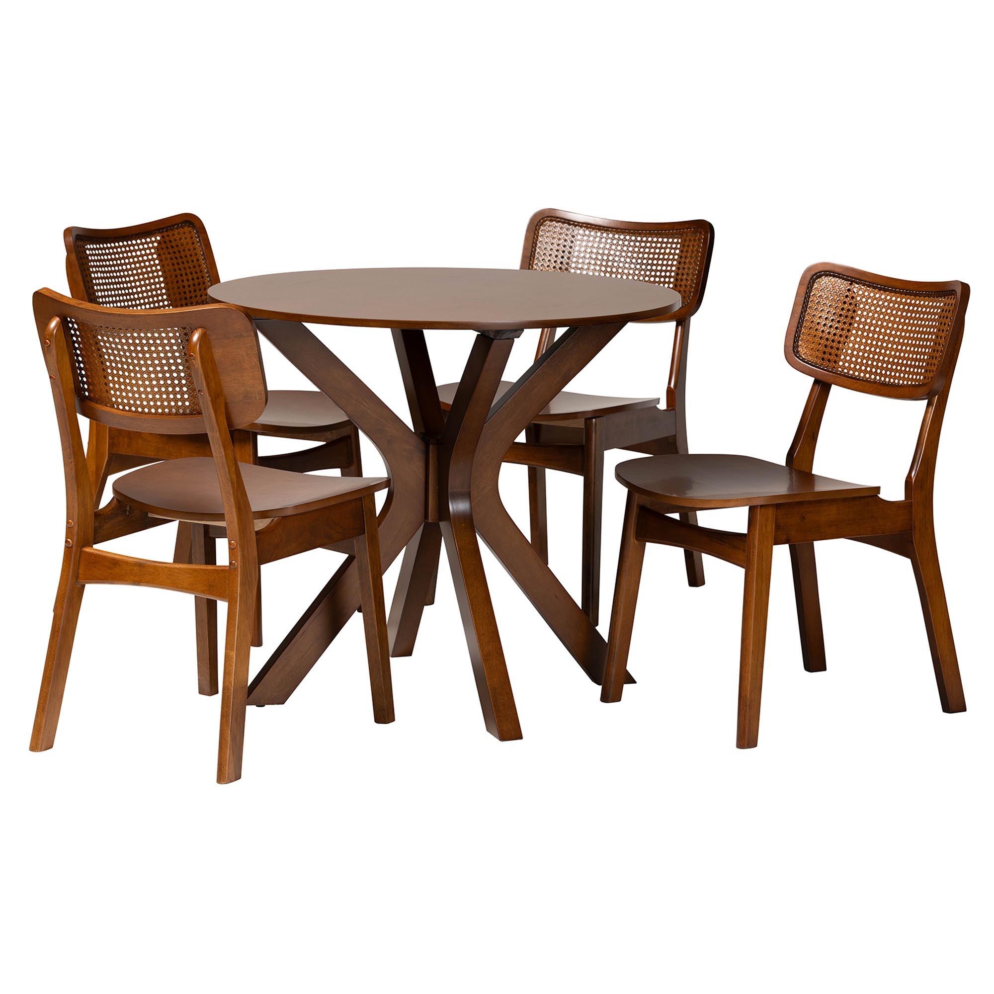 Linnet Mid-Century Modern Finished Wood and Rattan 5-Piece Dining Set