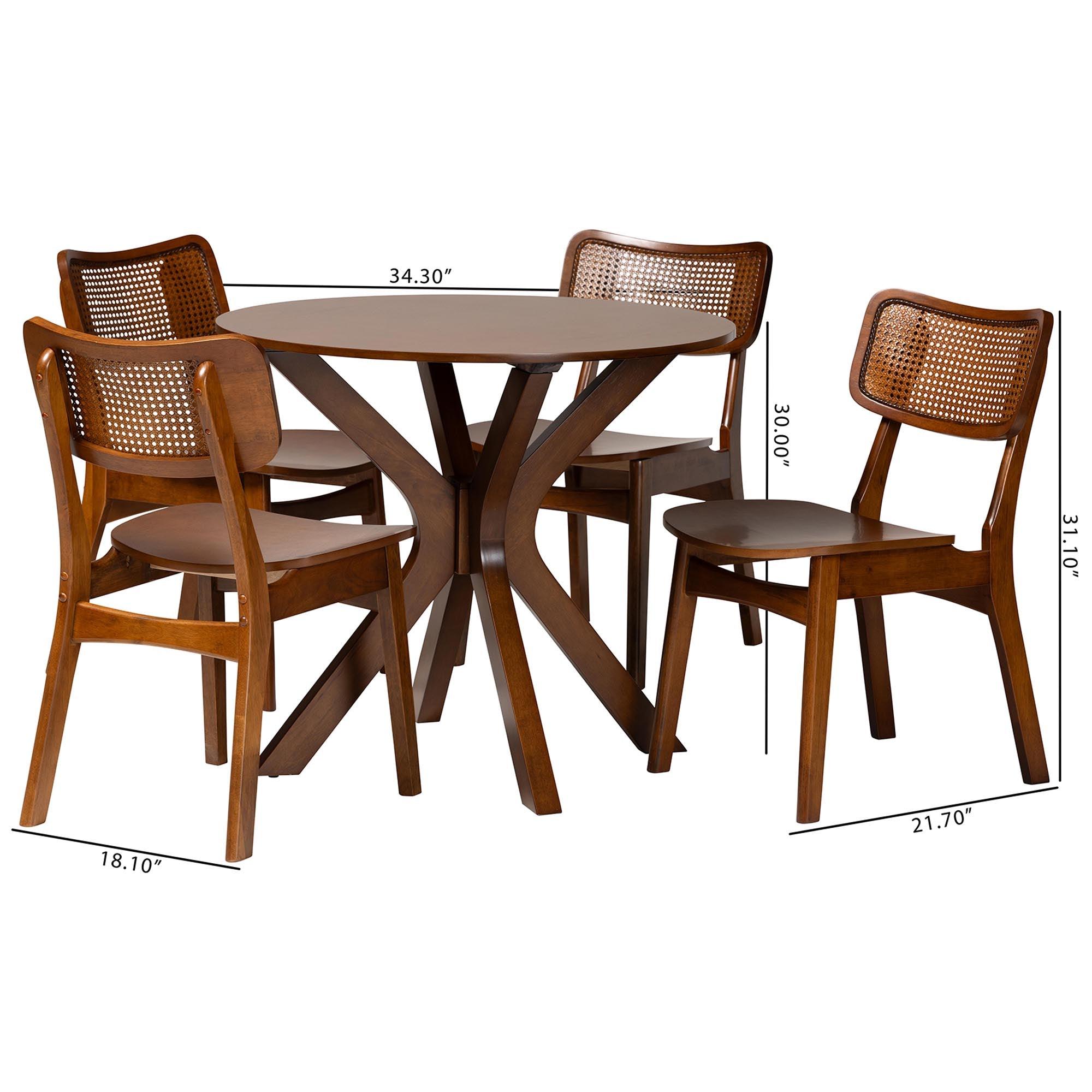 Linnet Mid-Century Modern Finished Wood and Rattan 5-Piece Dining Set