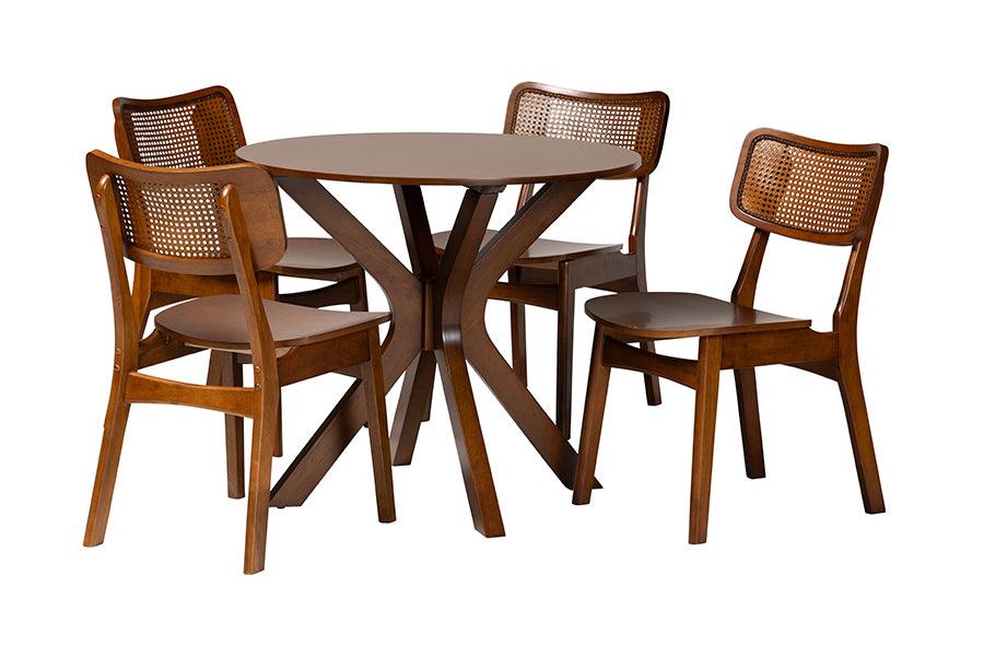 Linnet Mid-Century Modern Finished Wood and Rattan 5-Piece Dining Set