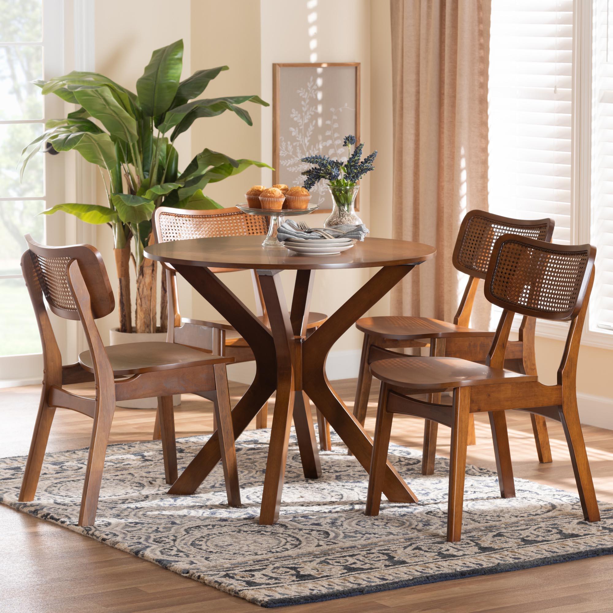 Linnet Mid-Century Modern Finished Wood and Rattan 5-Piece Dining Set