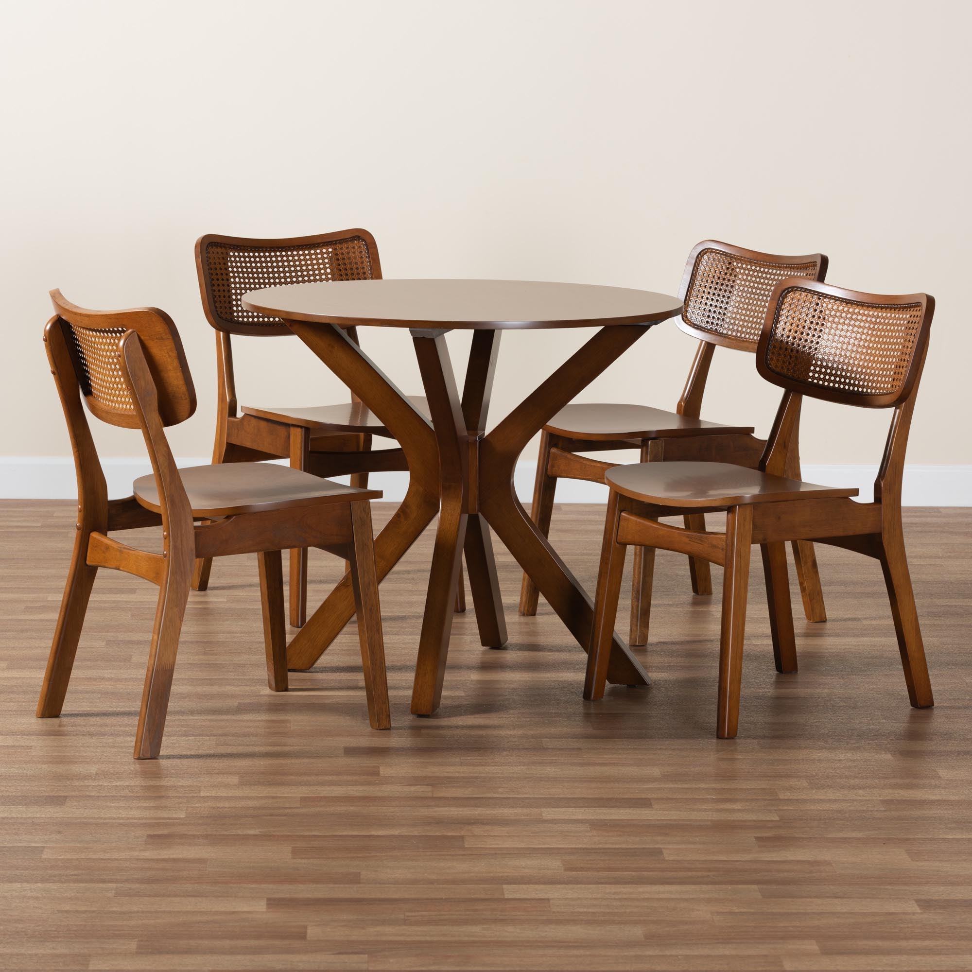 Linnet Mid-Century Modern Finished Wood and Rattan 5-Piece Dining Set