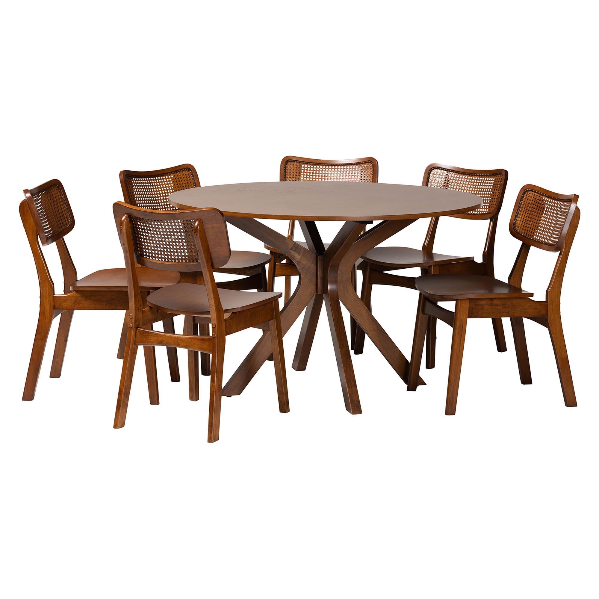 Linnet Mid-Century Modern Finished Wood and Rattan 7-Piece Dining Set