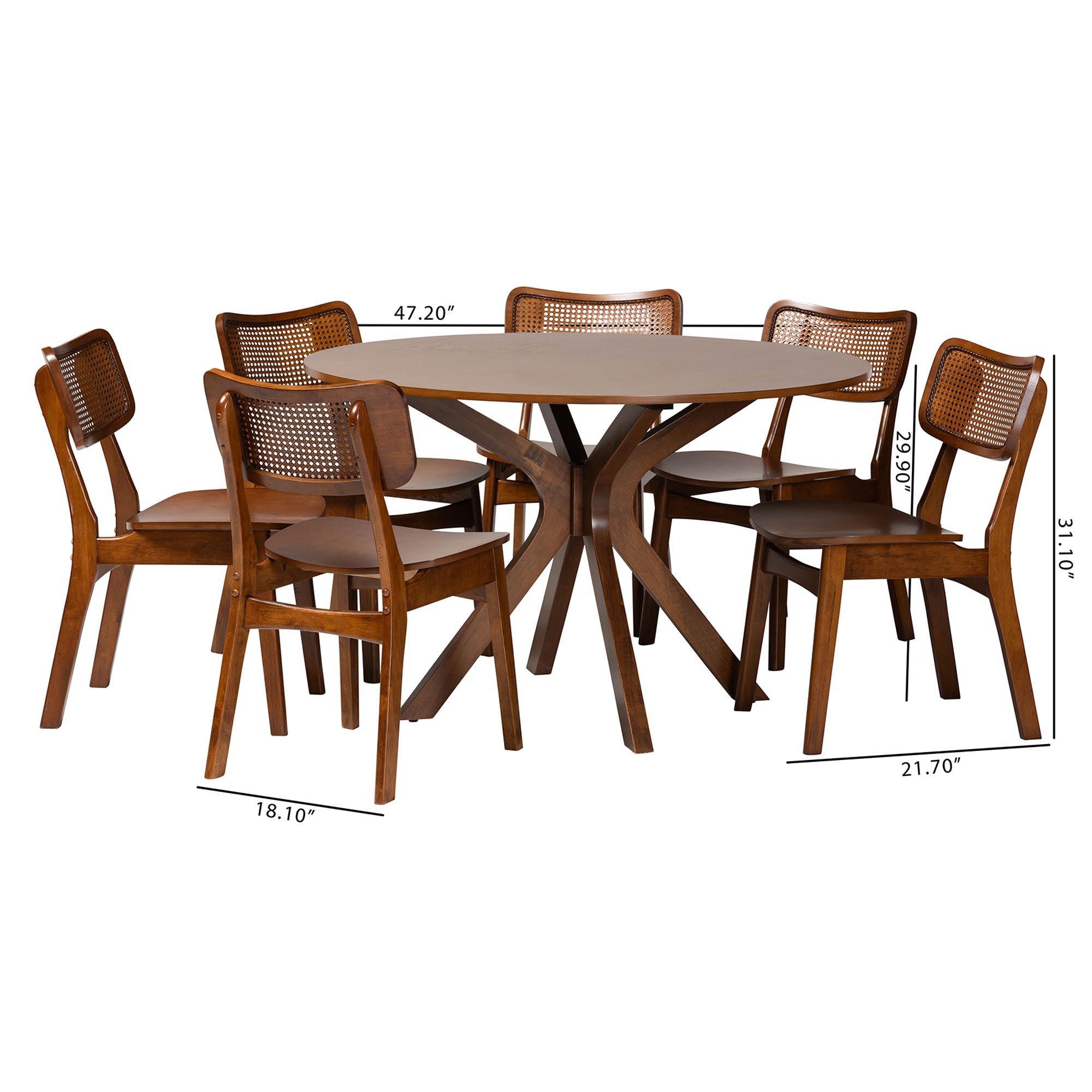 Linnet Mid-Century Modern Finished Wood and Rattan 7-Piece Dining Set