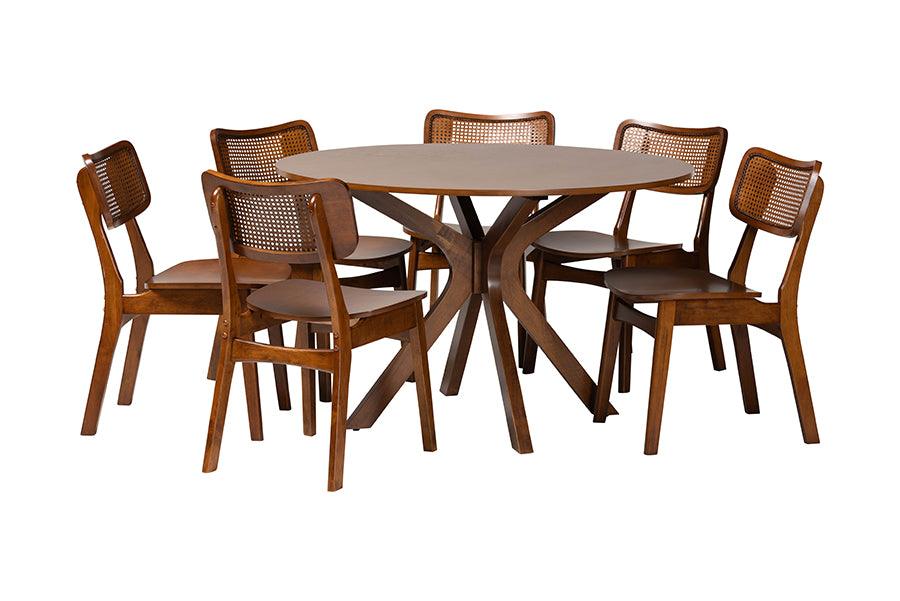 Linnet Mid-Century Modern Finished Wood and Rattan 7-Piece Dining Set