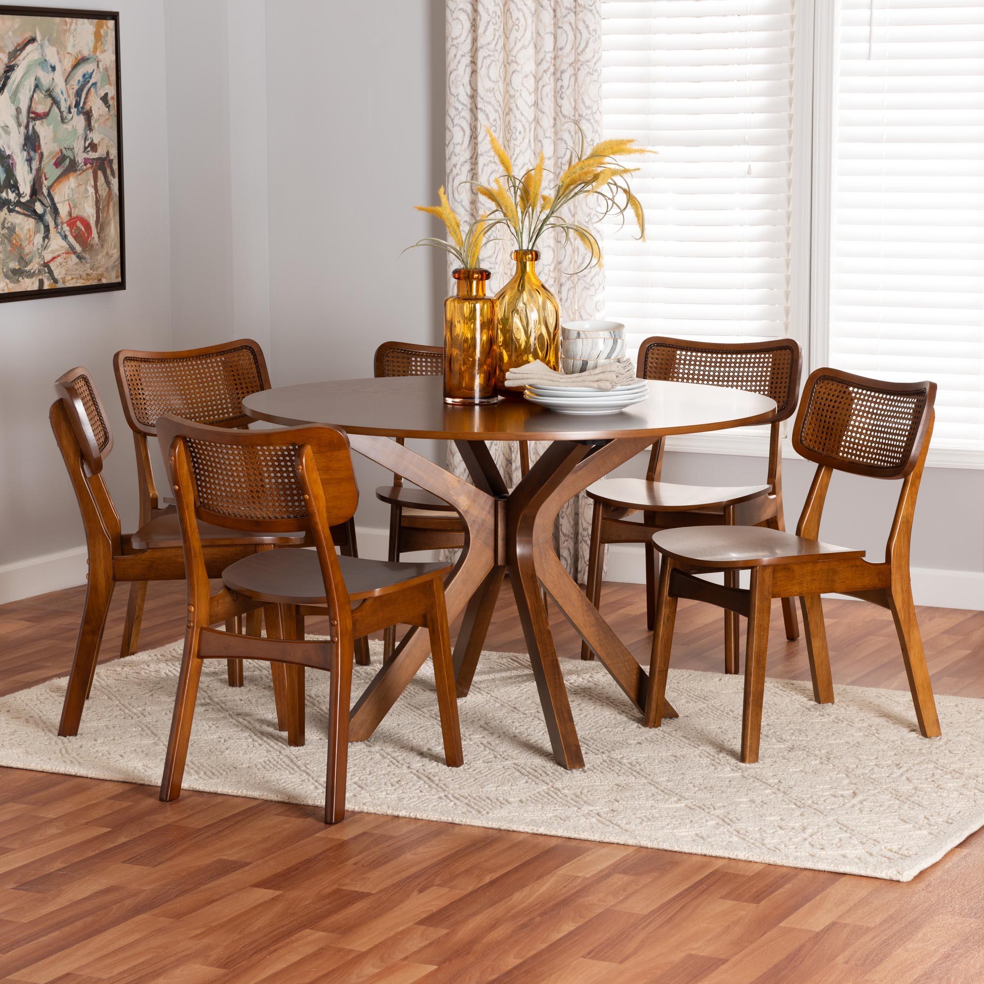 Linnet Mid-Century Modern Finished Wood and Rattan 7-Piece Dining Set