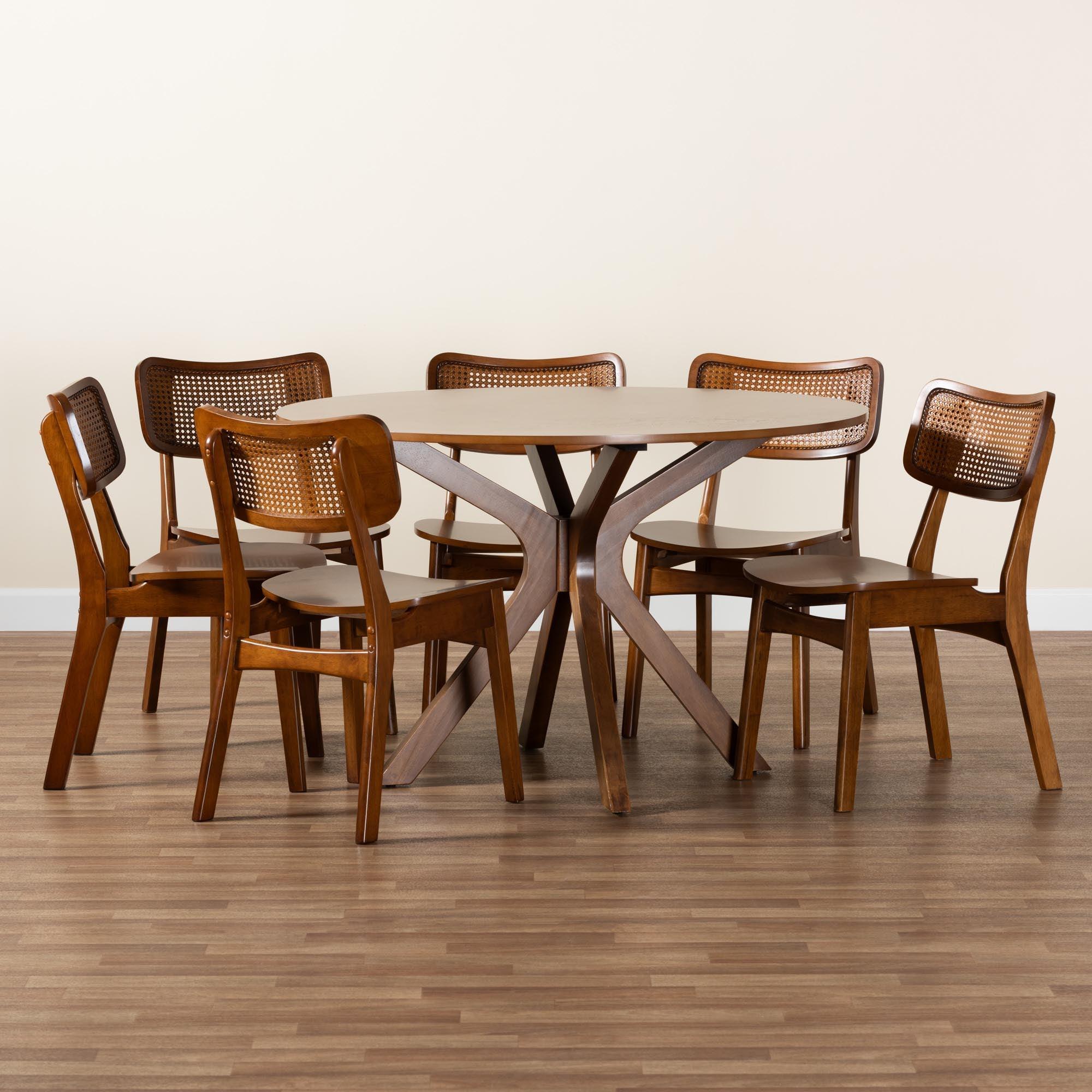 Linnet Mid-Century Modern Finished Wood and Rattan 7-Piece Dining Set