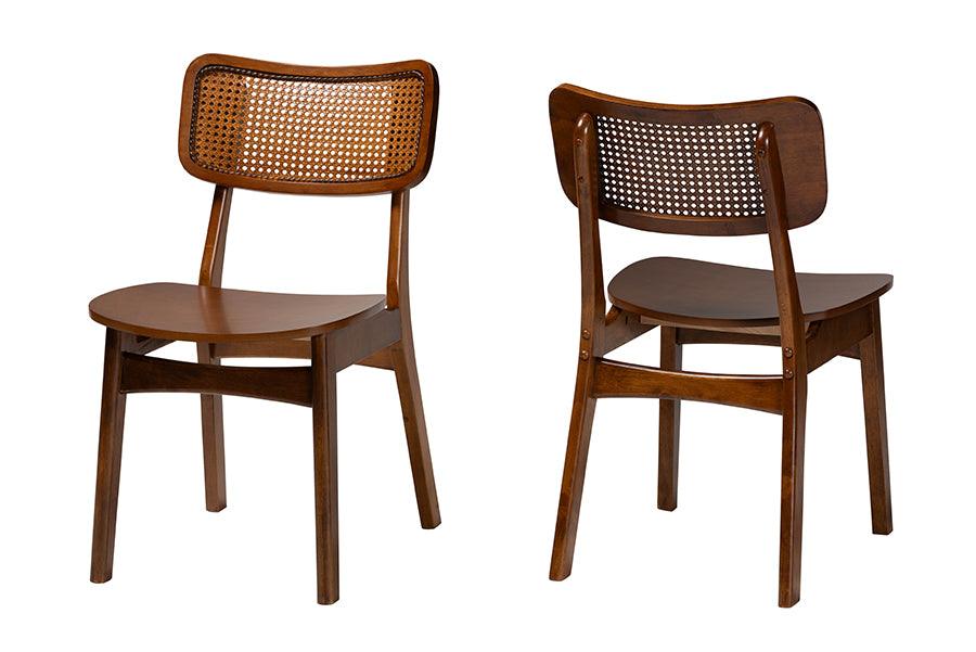 Tafari Mid-Century Modern Finished Wood and Rattan 2-Piece Dining Chair Set