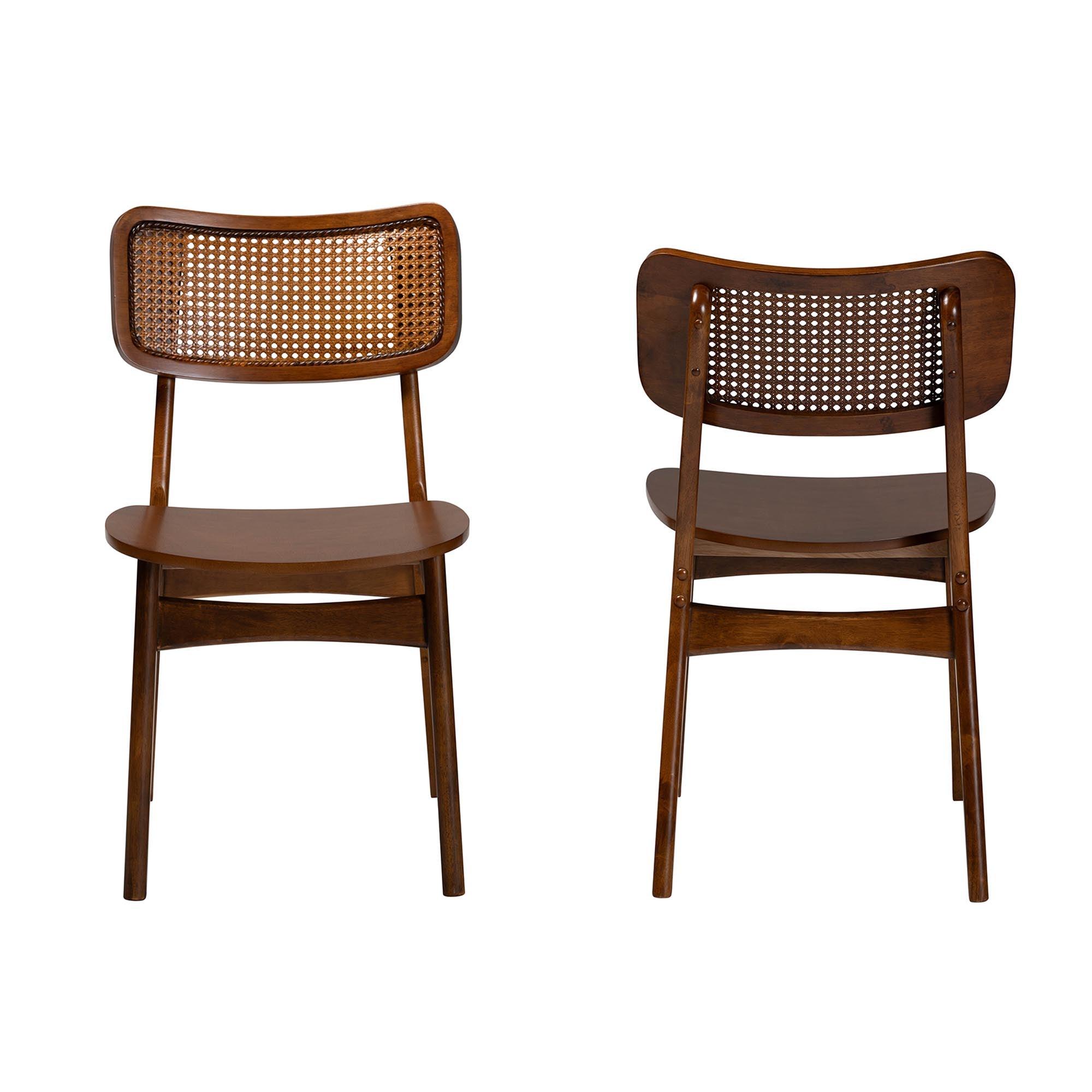 Tafari Mid-Century Modern Finished Wood and Rattan 2-Piece Dining Chair Set