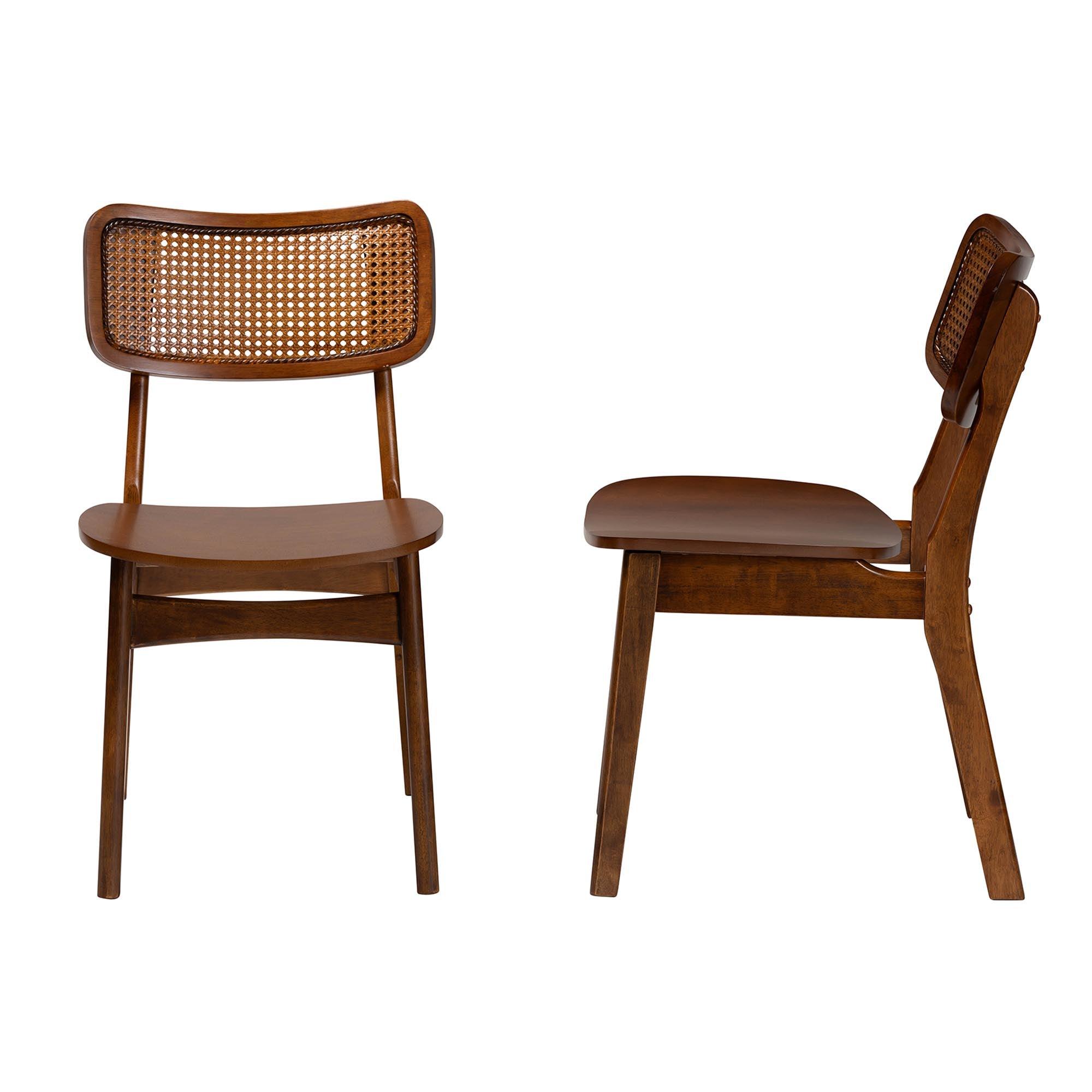 Tafari Mid-Century Modern Finished Wood and Rattan 2-Piece Dining Chair Set