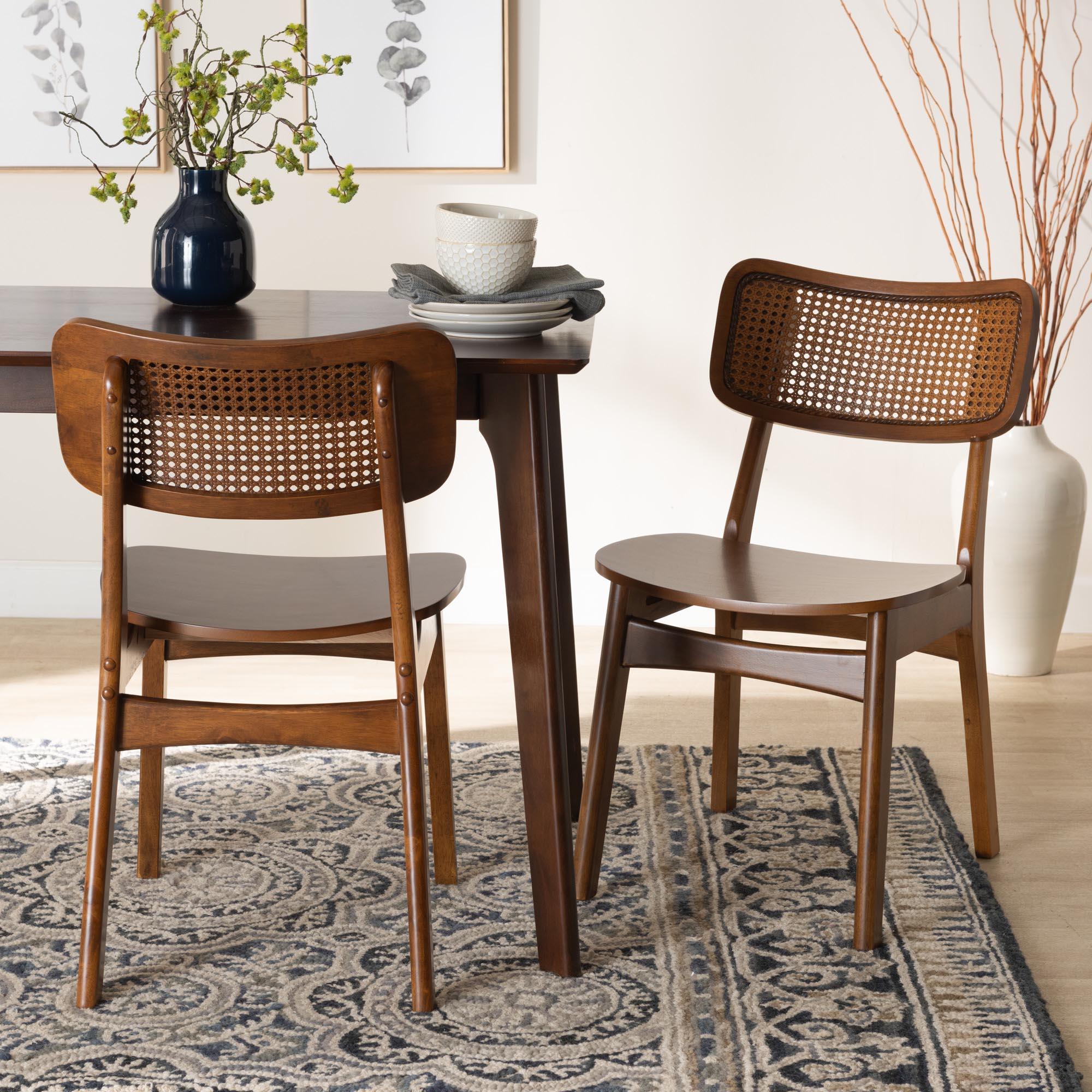 Tafari Mid-Century Modern Finished Wood and Rattan 2-Piece Dining Chair Set