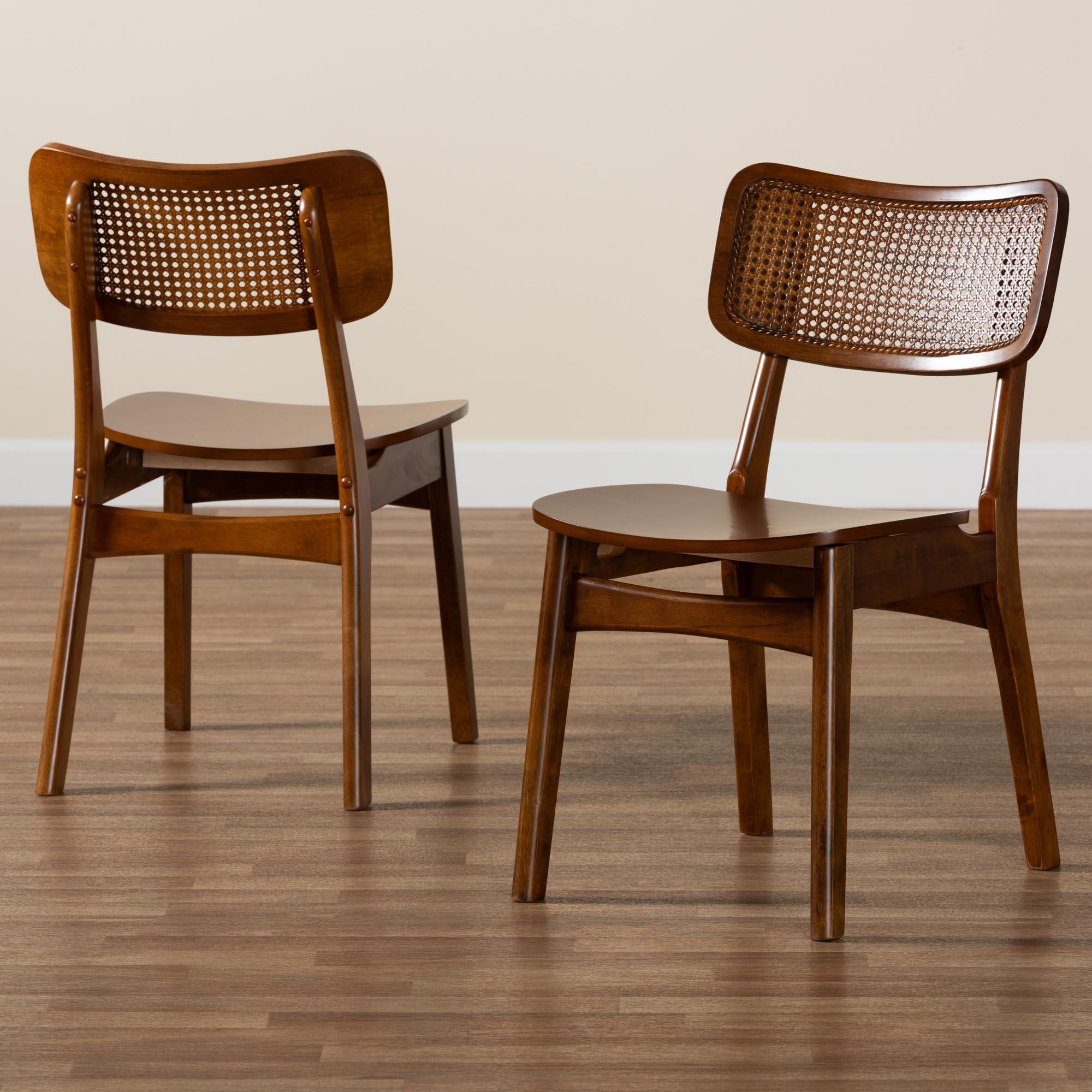 Tafari Mid-Century Modern Finished Wood and Rattan 2-Piece Dining Chair Set