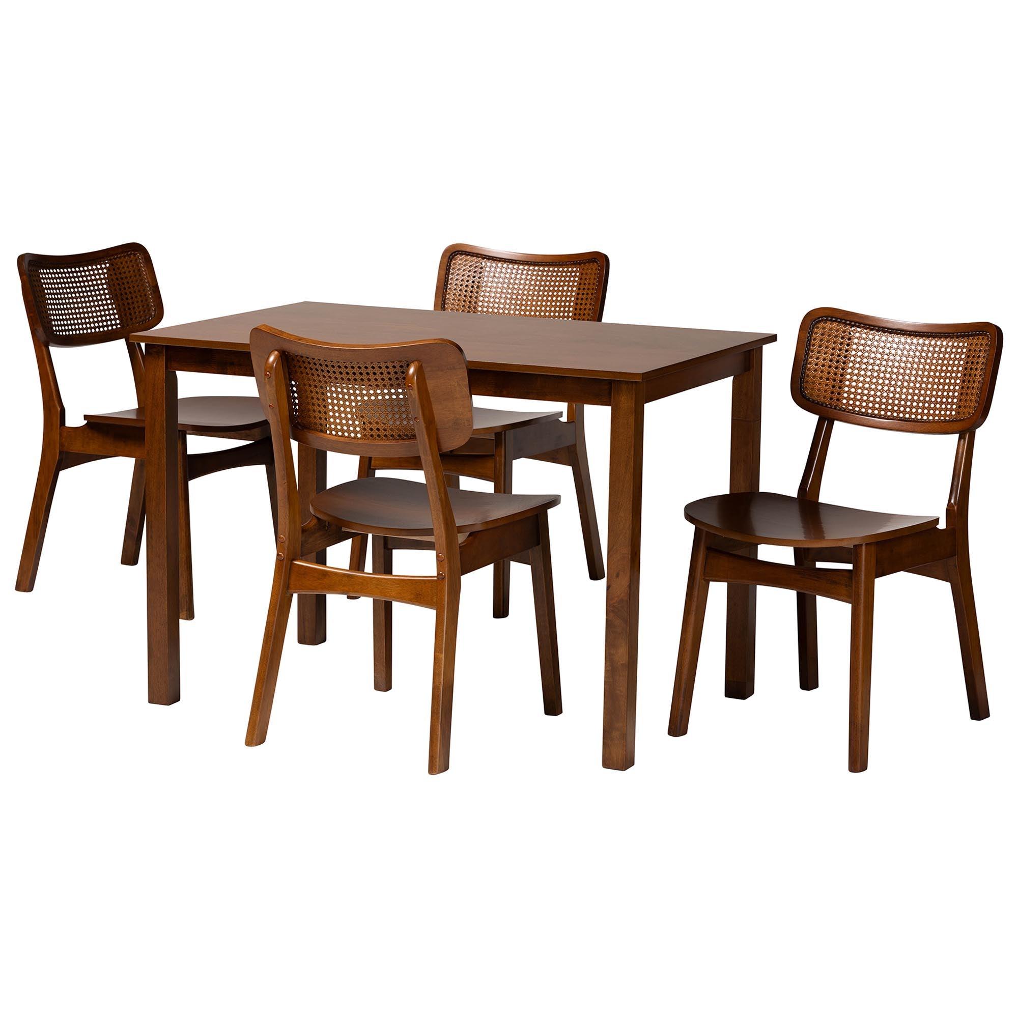 Estera Mid-Century Modern Finished Wood and Rattan 5-Piece Dining Set