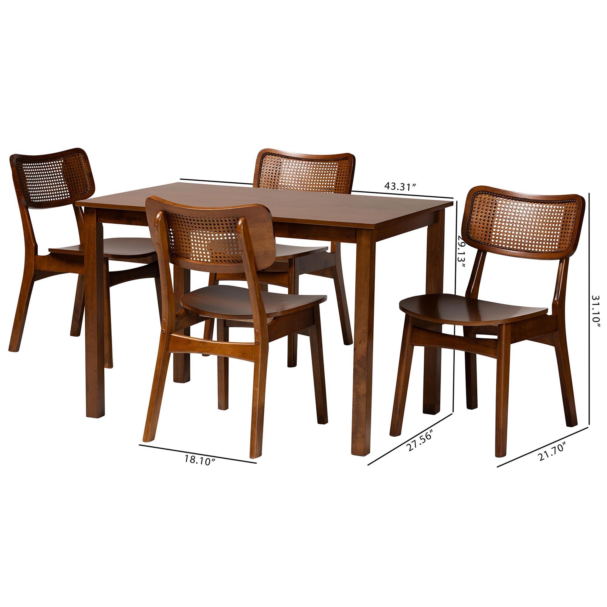 Estera Mid-Century Modern Finished Wood and Rattan 5-Piece Dining Set