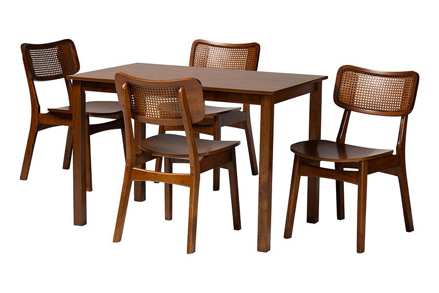 Estera Mid-Century Modern Finished Wood and Rattan 5-Piece Dining Set