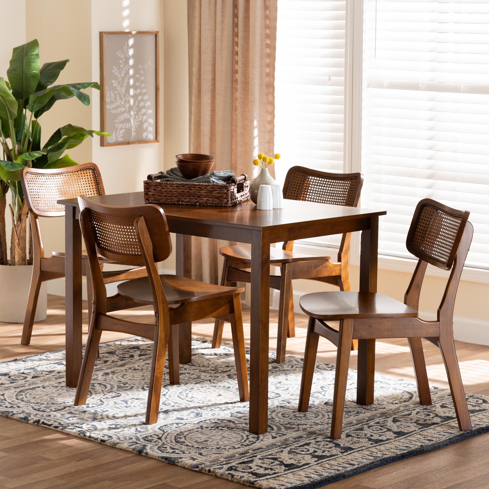 Estera Mid-Century Modern Finished Wood and Rattan 5-Piece Dining Set