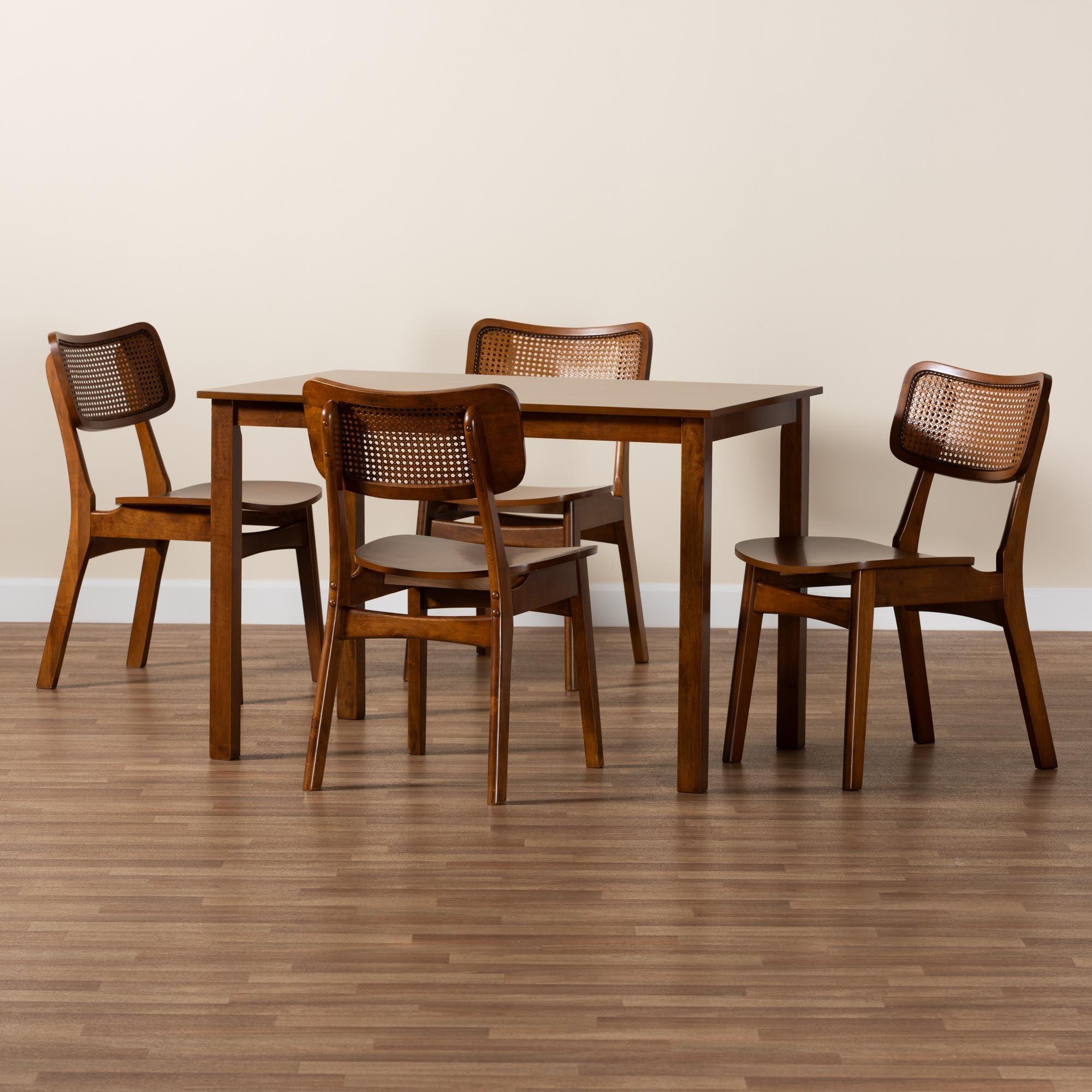 Estera Mid-Century Modern Finished Wood and Rattan 5-Piece Dining Set