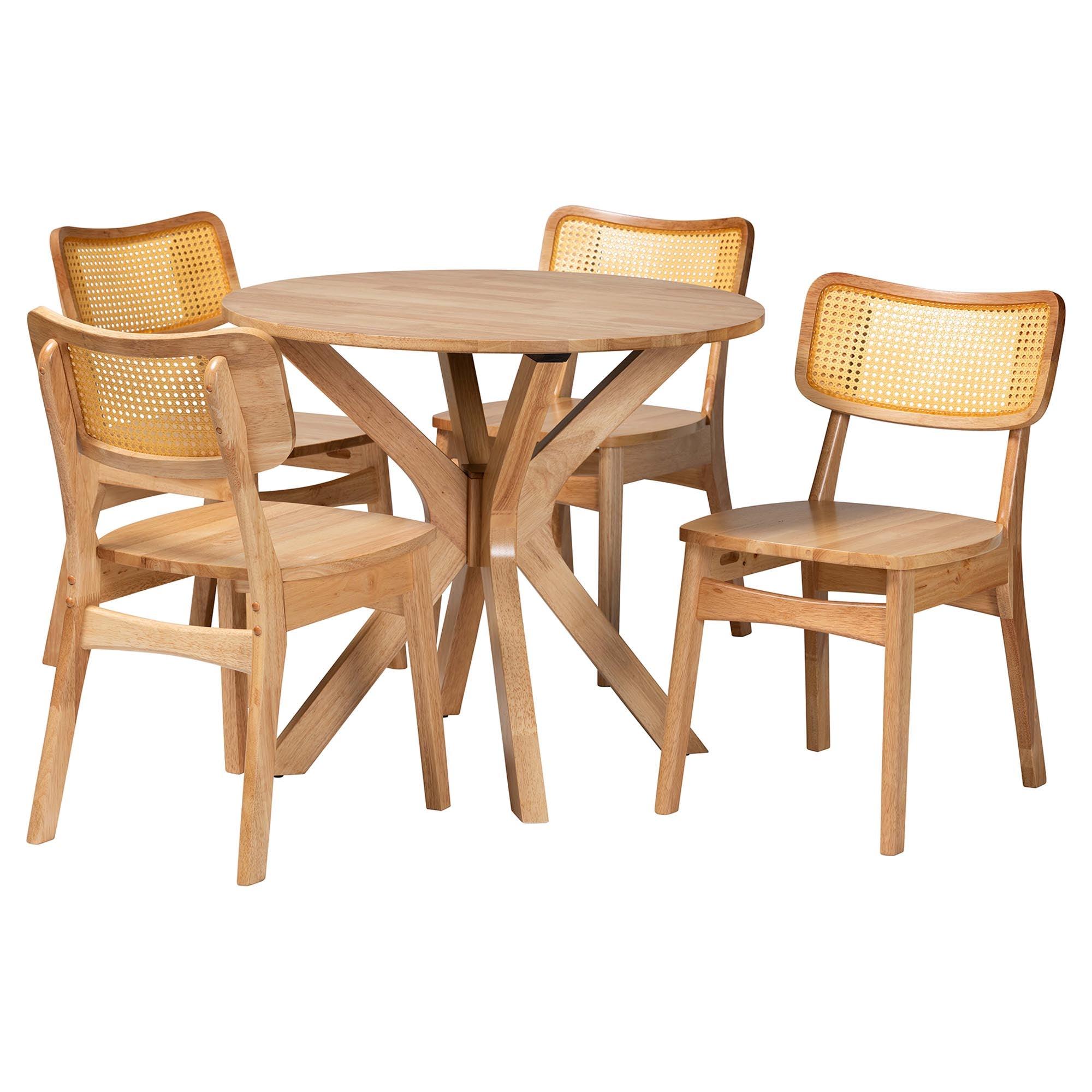 Camilo Mid-Century Modern Finished Wood and Rattan 5-Piece Dining Set