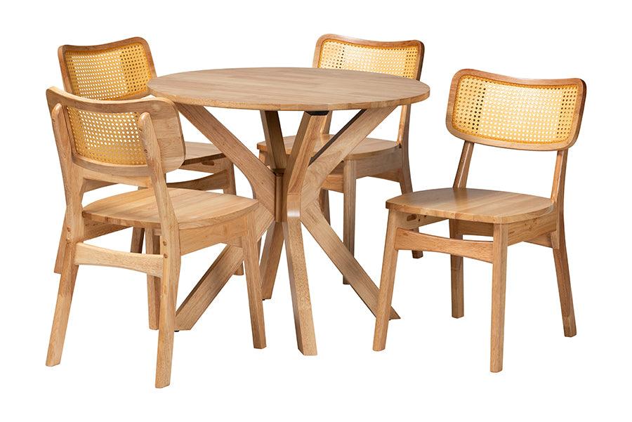 Camilo Mid-Century Modern Finished Wood and Rattan 5-Piece Dining Set