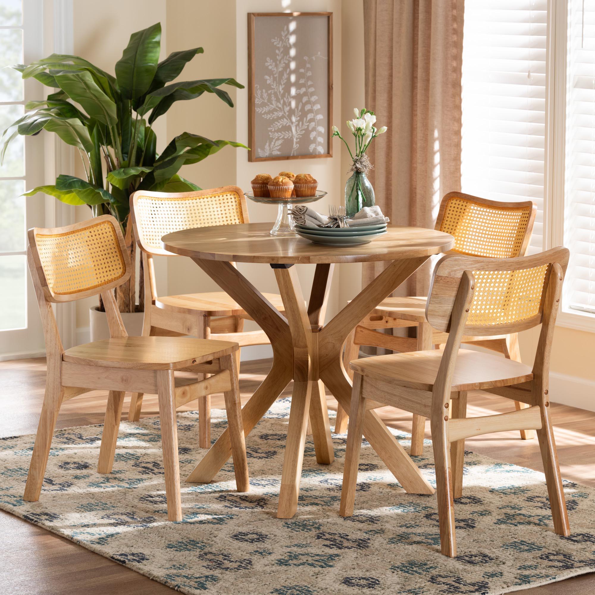 Camilo Mid-Century Modern Finished Wood and Rattan 5-Piece Dining Set