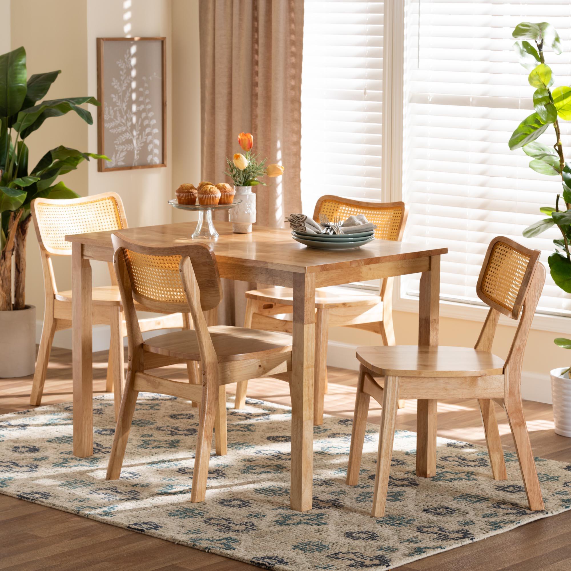 Dulcet Mid-Century Modern Finished Wood and Rattan 5-Piece Dining Set