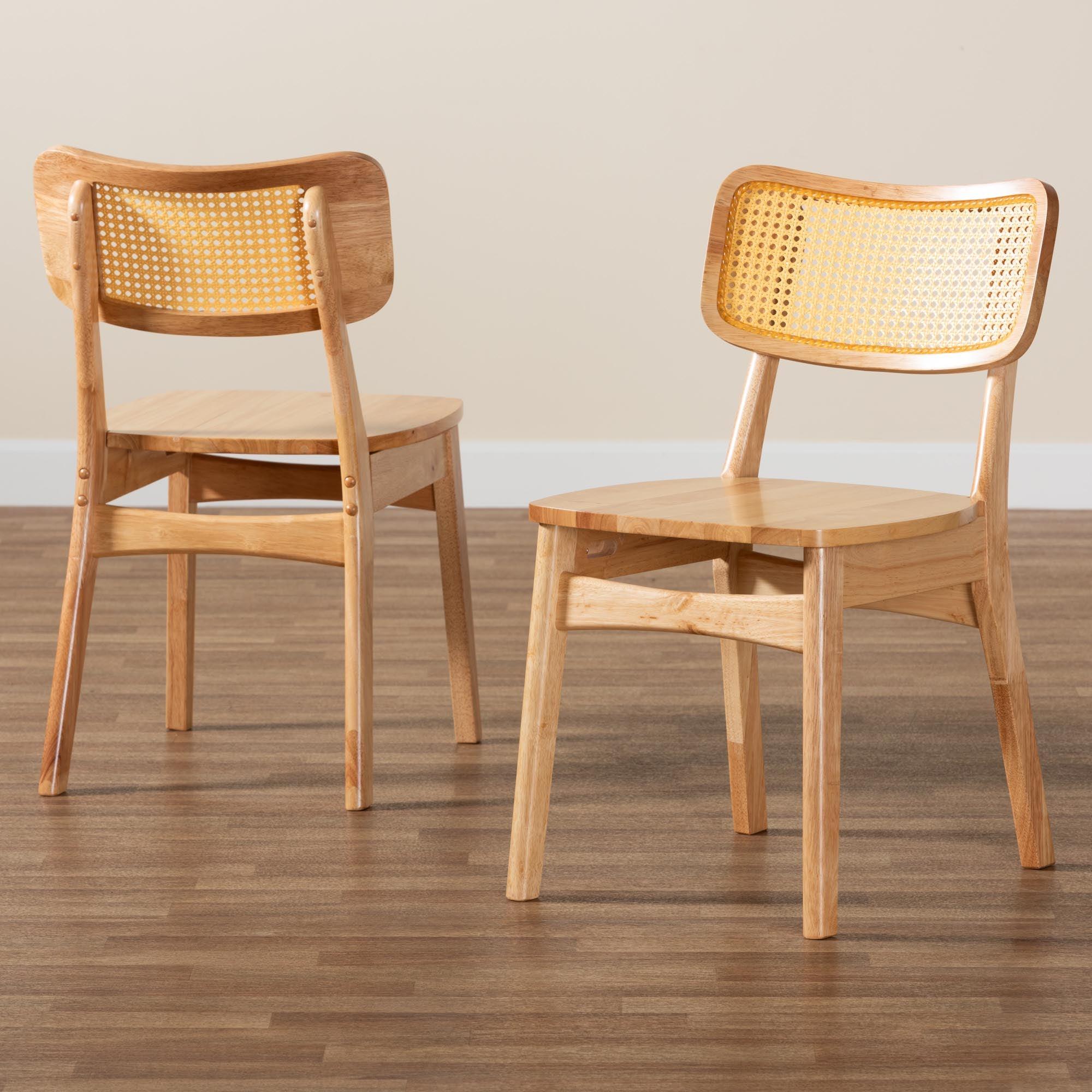 Tadeo Mid-Century Modern Finished Wood and Rattan 2-Piece Dining Chair Set