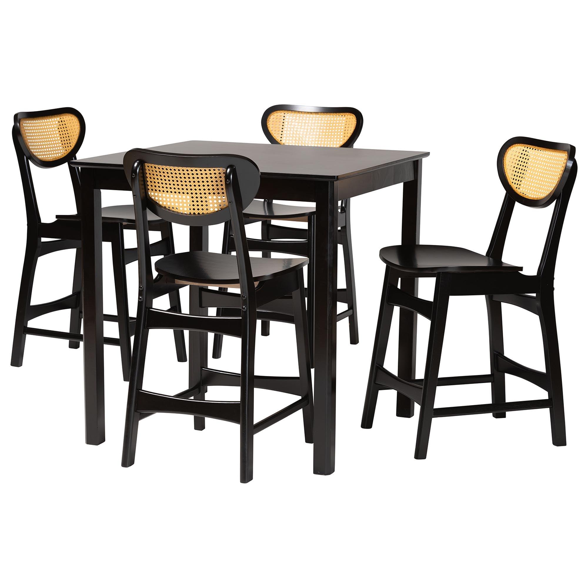 Hesper Mid-Century Modern Finished Wood and Rattan 5-Piece Pub Set