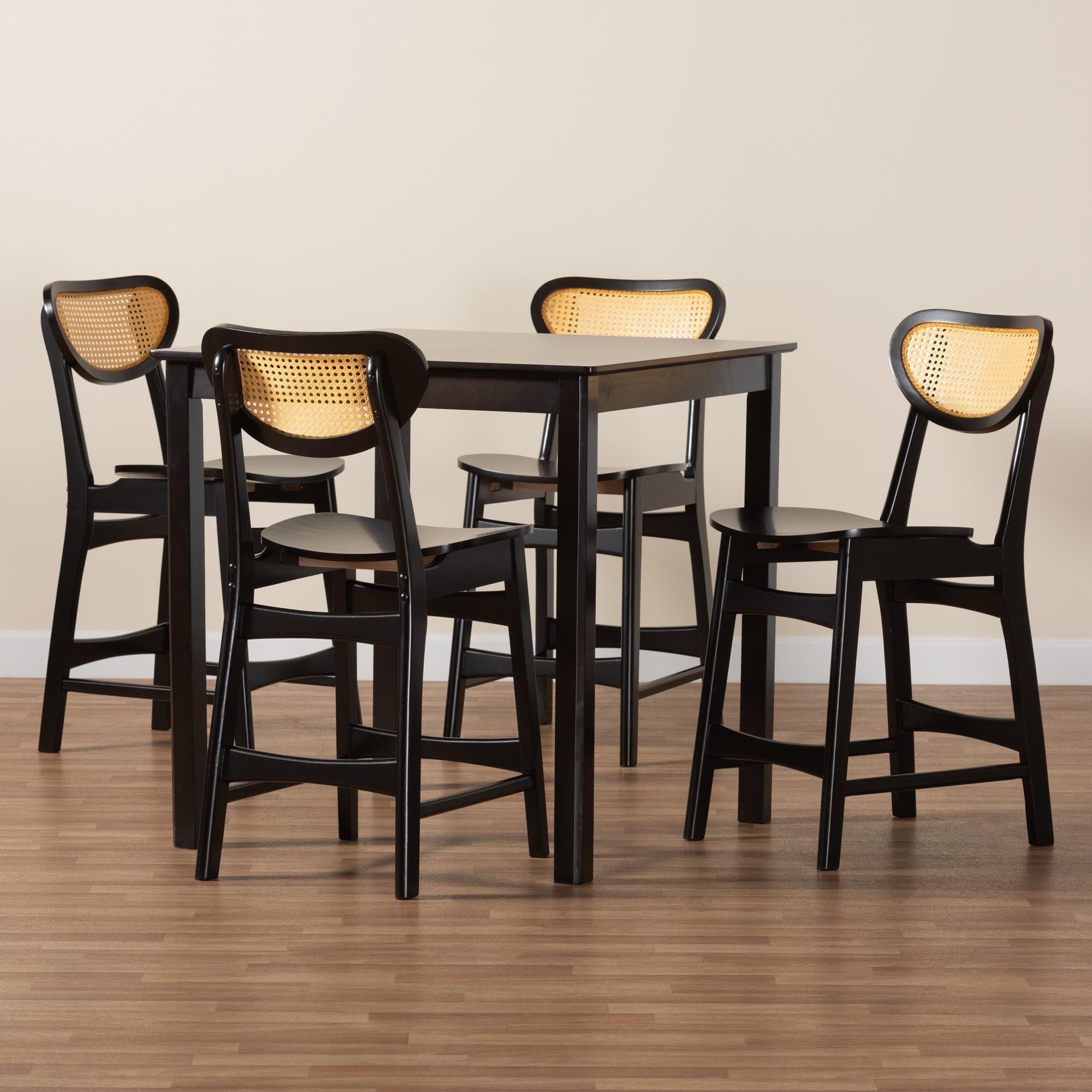 Hesper Mid-Century Modern Finished Wood and Rattan 5-Piece Pub Set