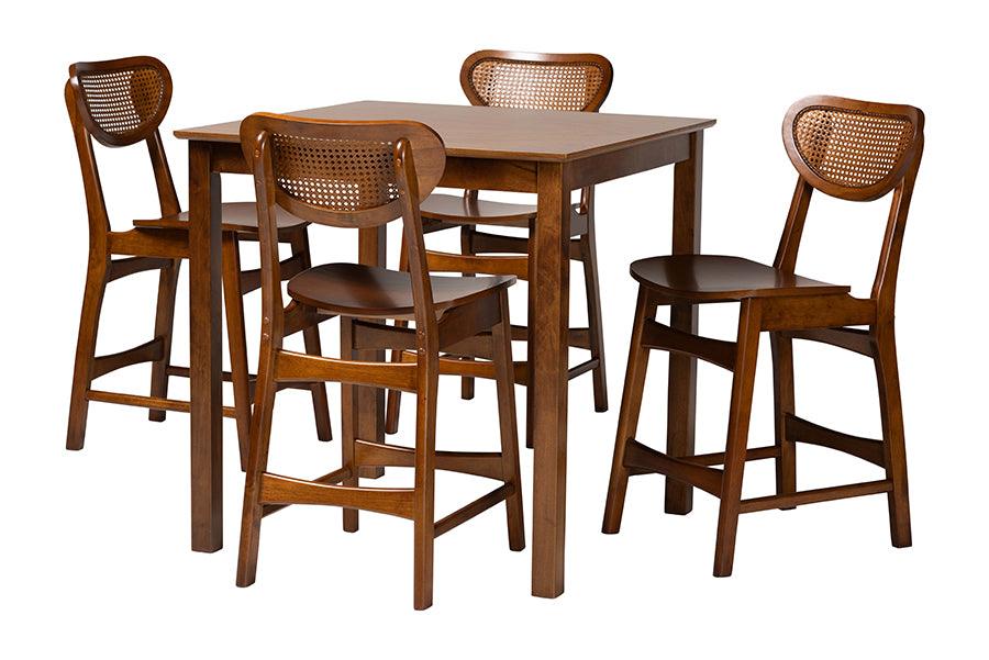 Hesper Mid-Century Modern Finished Wood and Rattan 5-Piece Pub Set