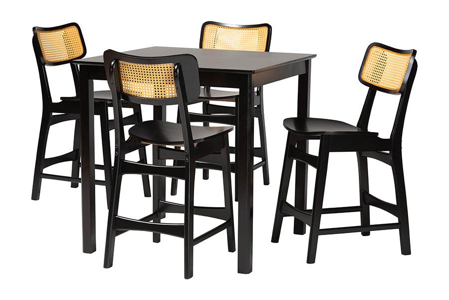 Tafari Mid-Century Modern Finished Wood and Rattan Pub Set