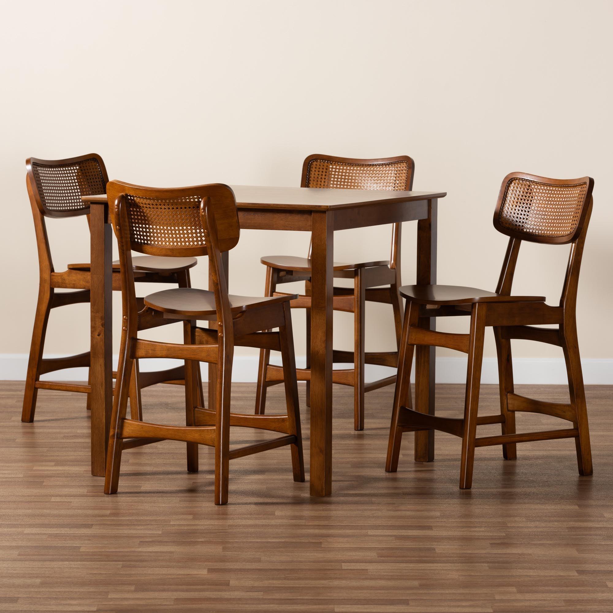 Tafari Mid-Century Modern Finished Wood and Rattan Pub Set