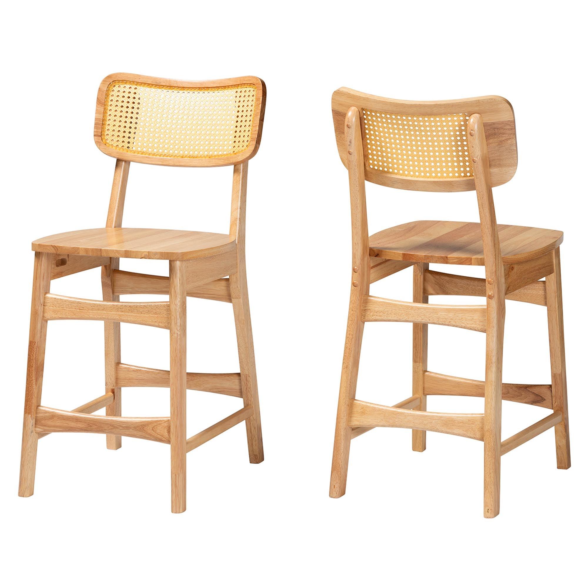 Tadeo Mid-Century Modern Finished Wood and Rattan 2-Piece Counter Stool Set