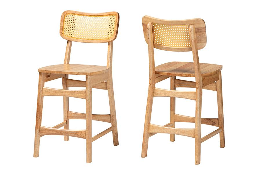 Tadeo Mid-Century Modern Finished Wood and Rattan 2-Piece Counter Stool Set