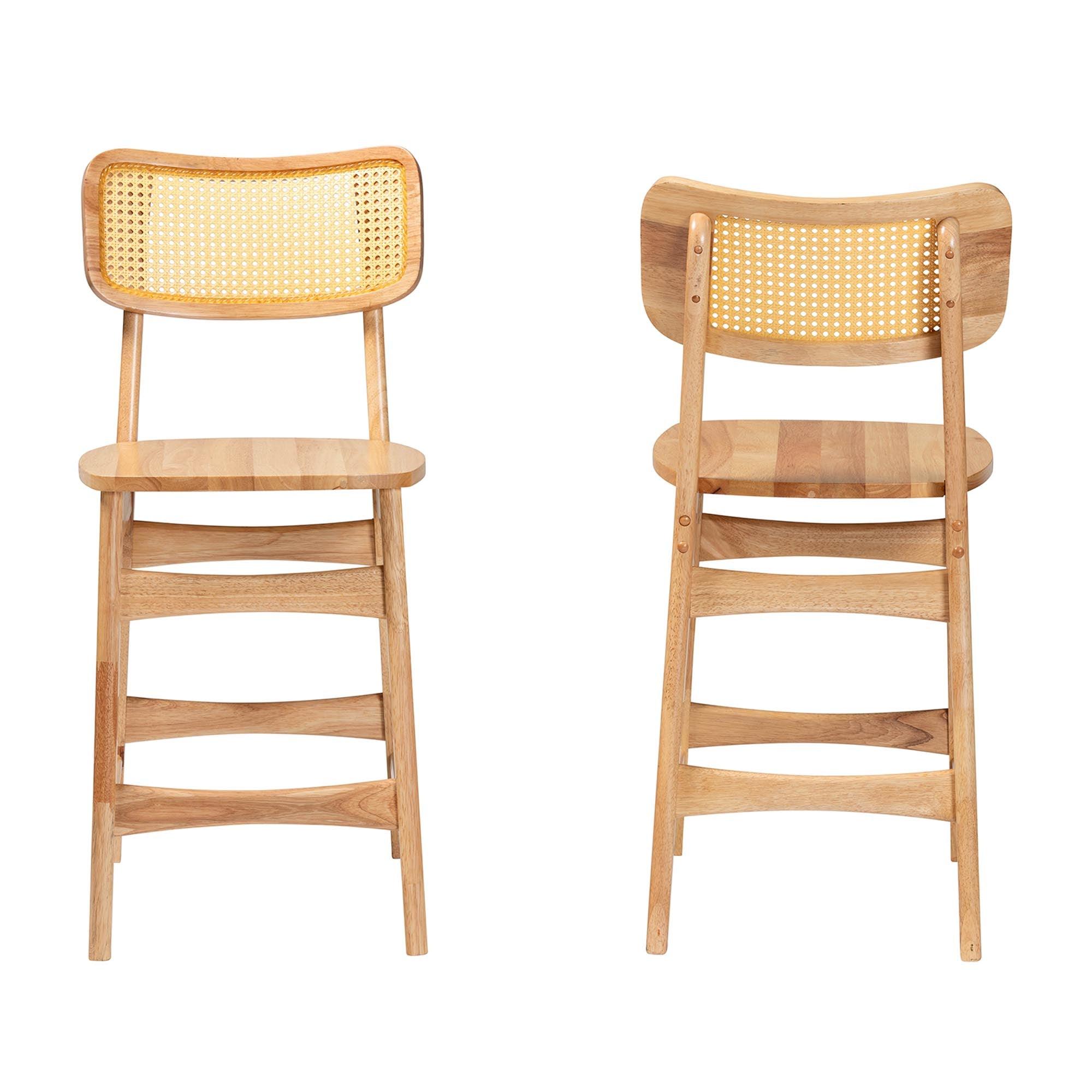 Tadeo Mid-Century Modern Finished Wood and Rattan 2-Piece Counter Stool Set