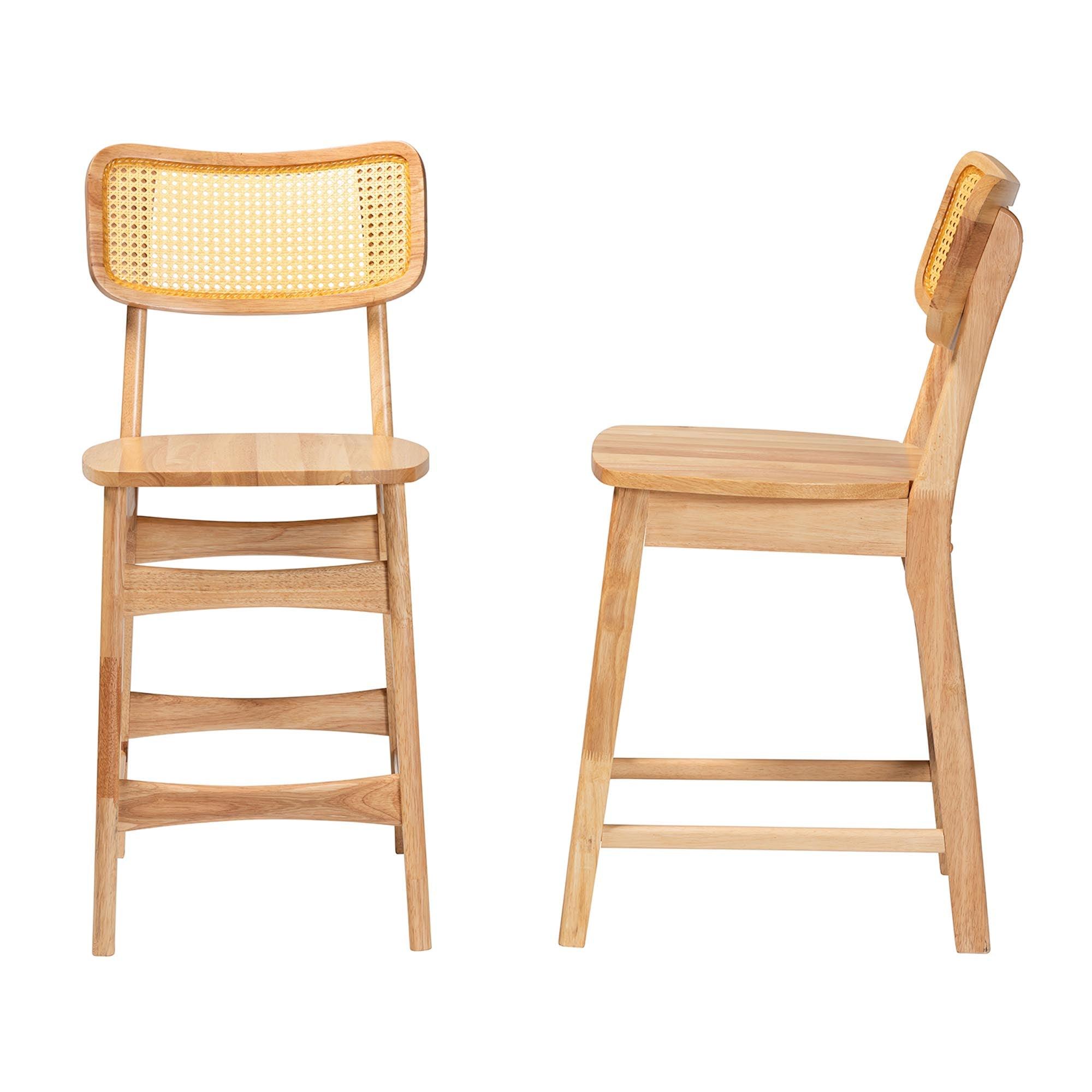 Tadeo Mid-Century Modern Finished Wood and Rattan 2-Piece Counter Stool Set