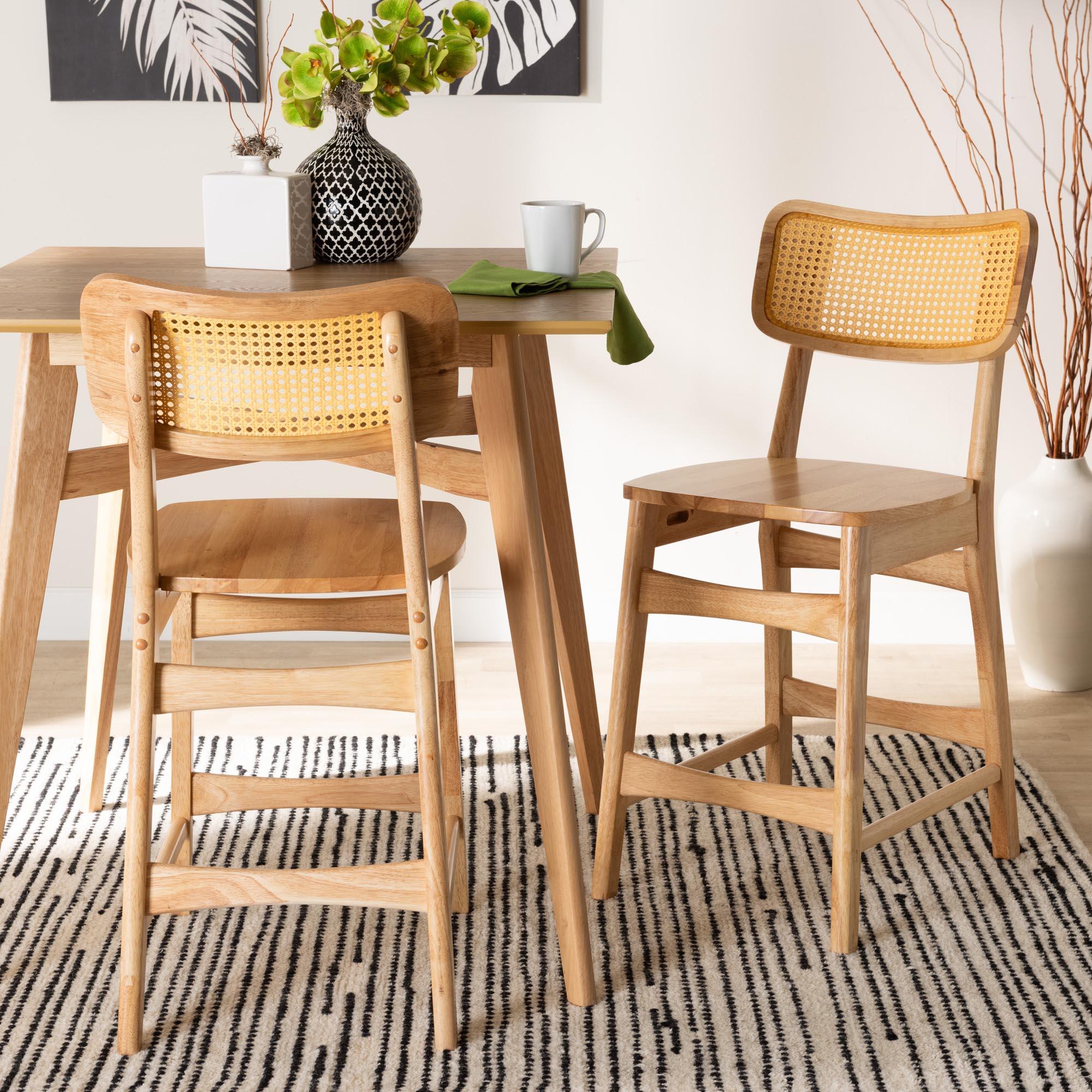 Tadeo Mid-Century Modern Finished Wood and Rattan 2-Piece Counter Stool Set