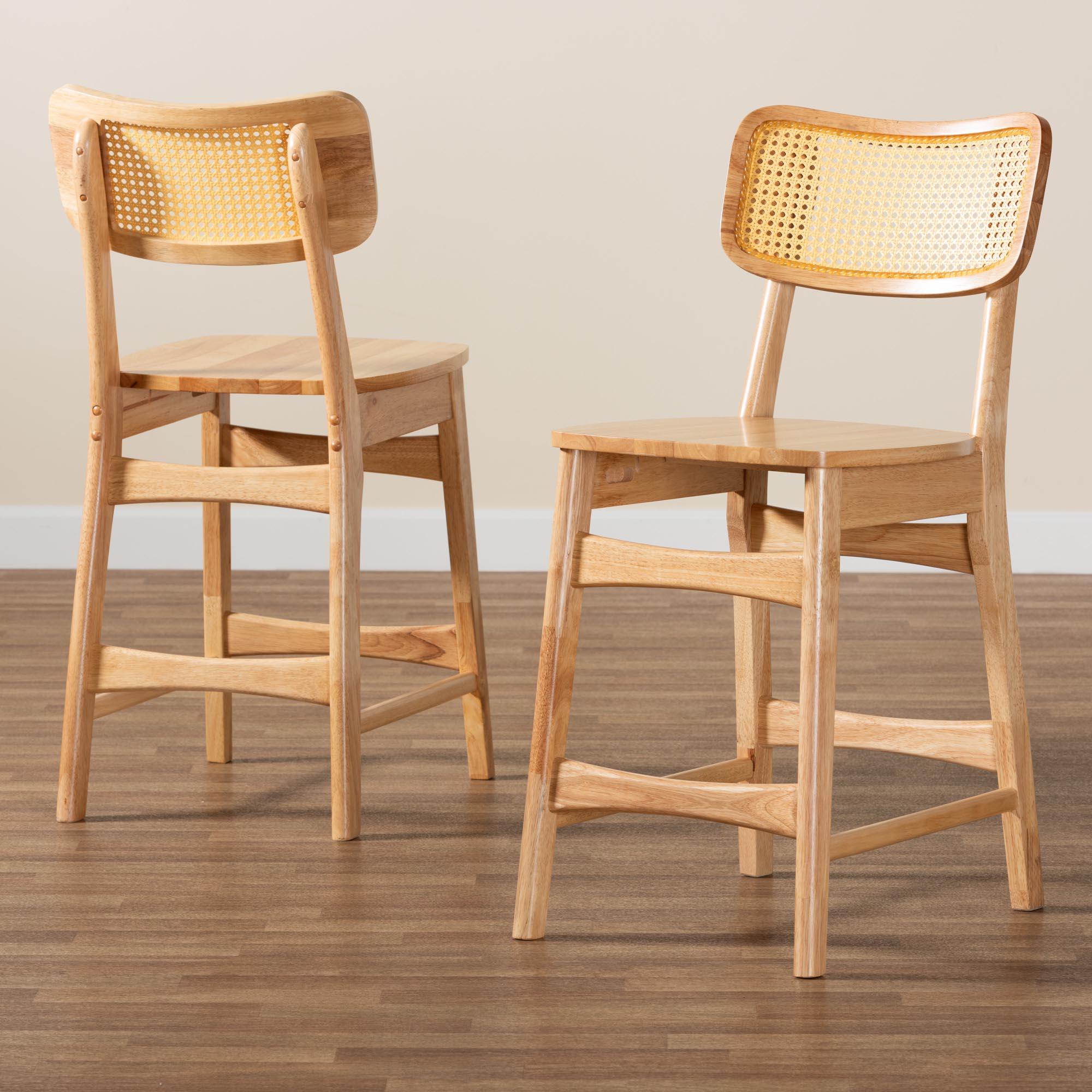 Tadeo Mid-Century Modern Finished Wood and Rattan 2-Piece Counter Stool Set