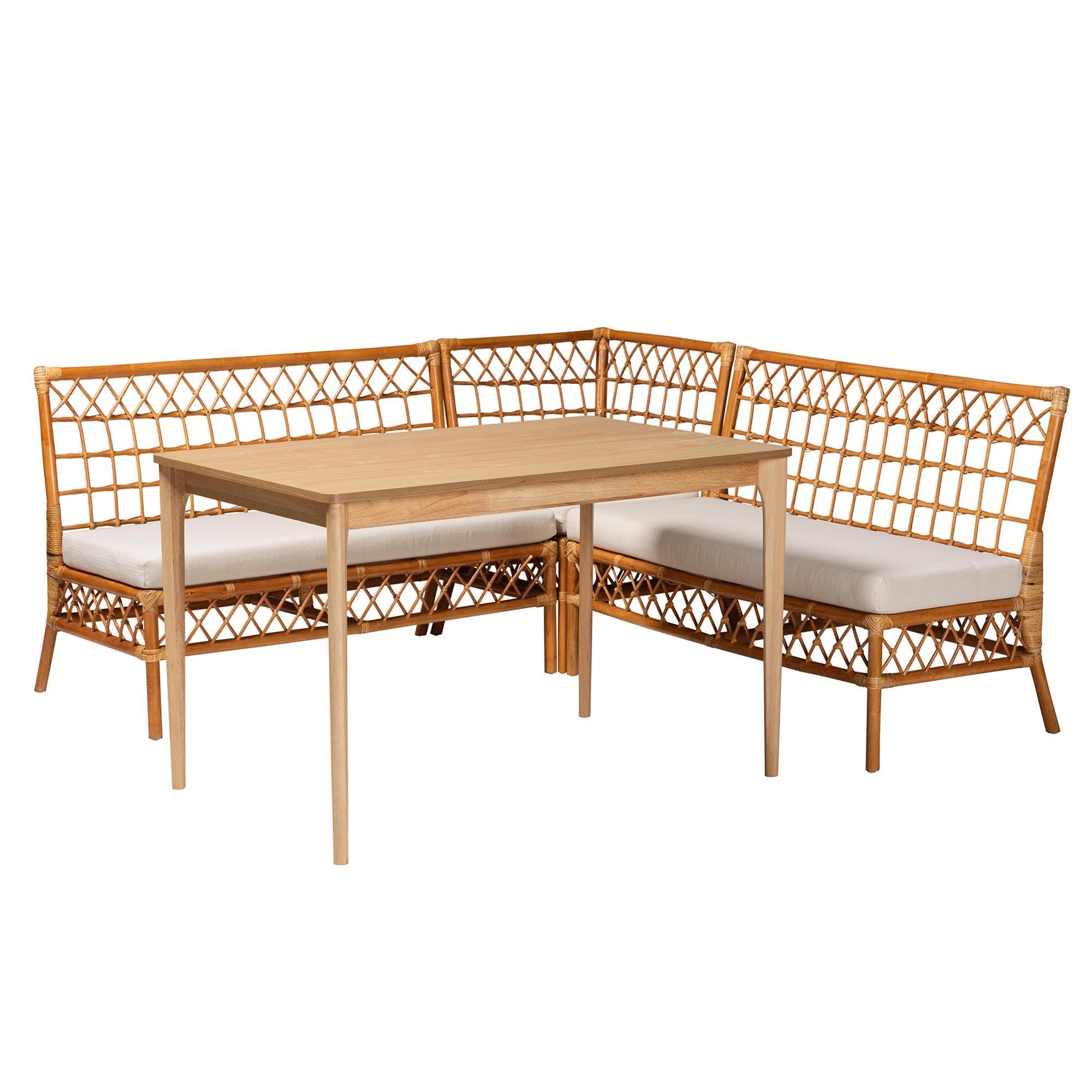 bali & pari Adora Modern Bohemian Honey Rattan 4-Piece Dining Nook Set