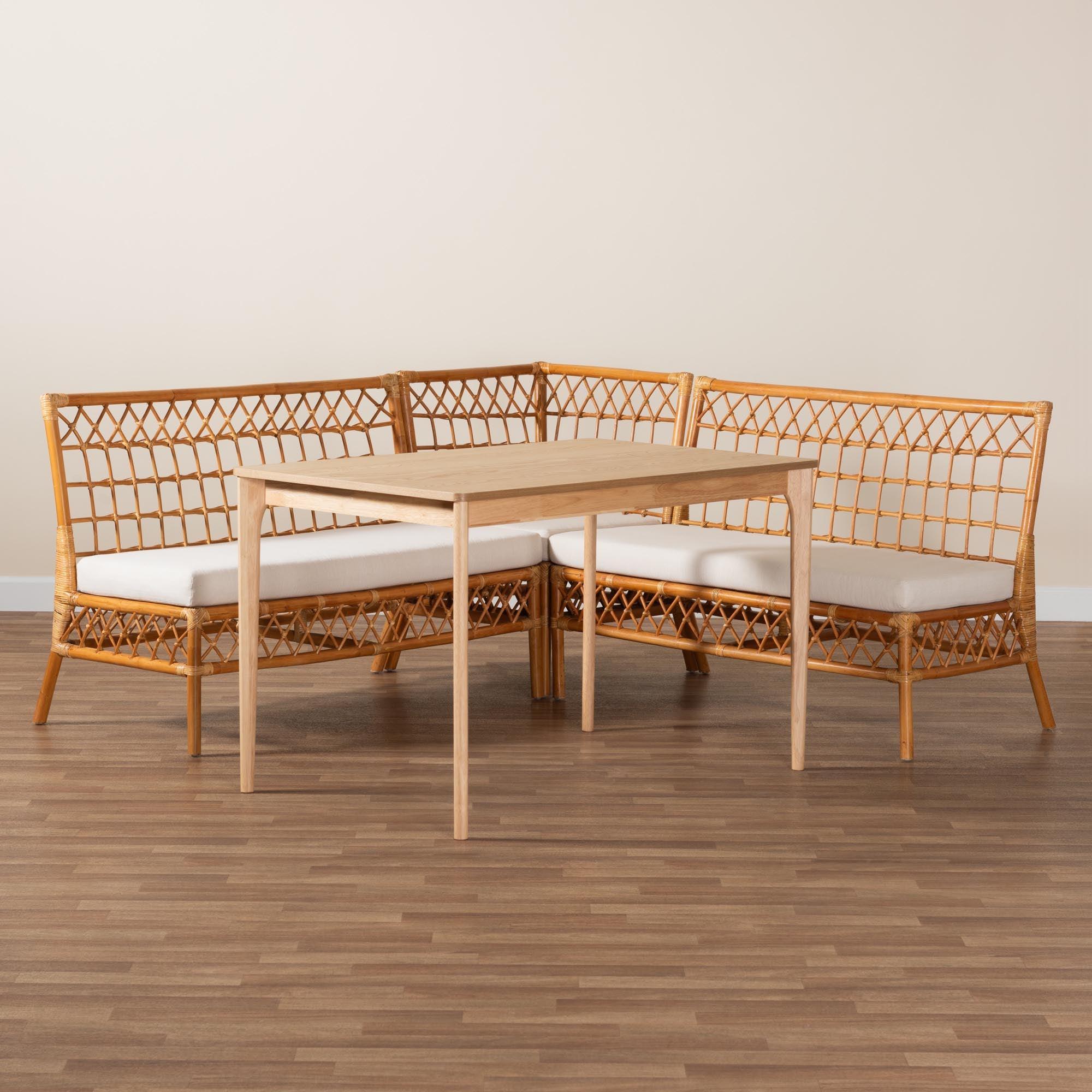 bali & pari Adora Modern Bohemian Honey Rattan 4-Piece Dining Nook Set