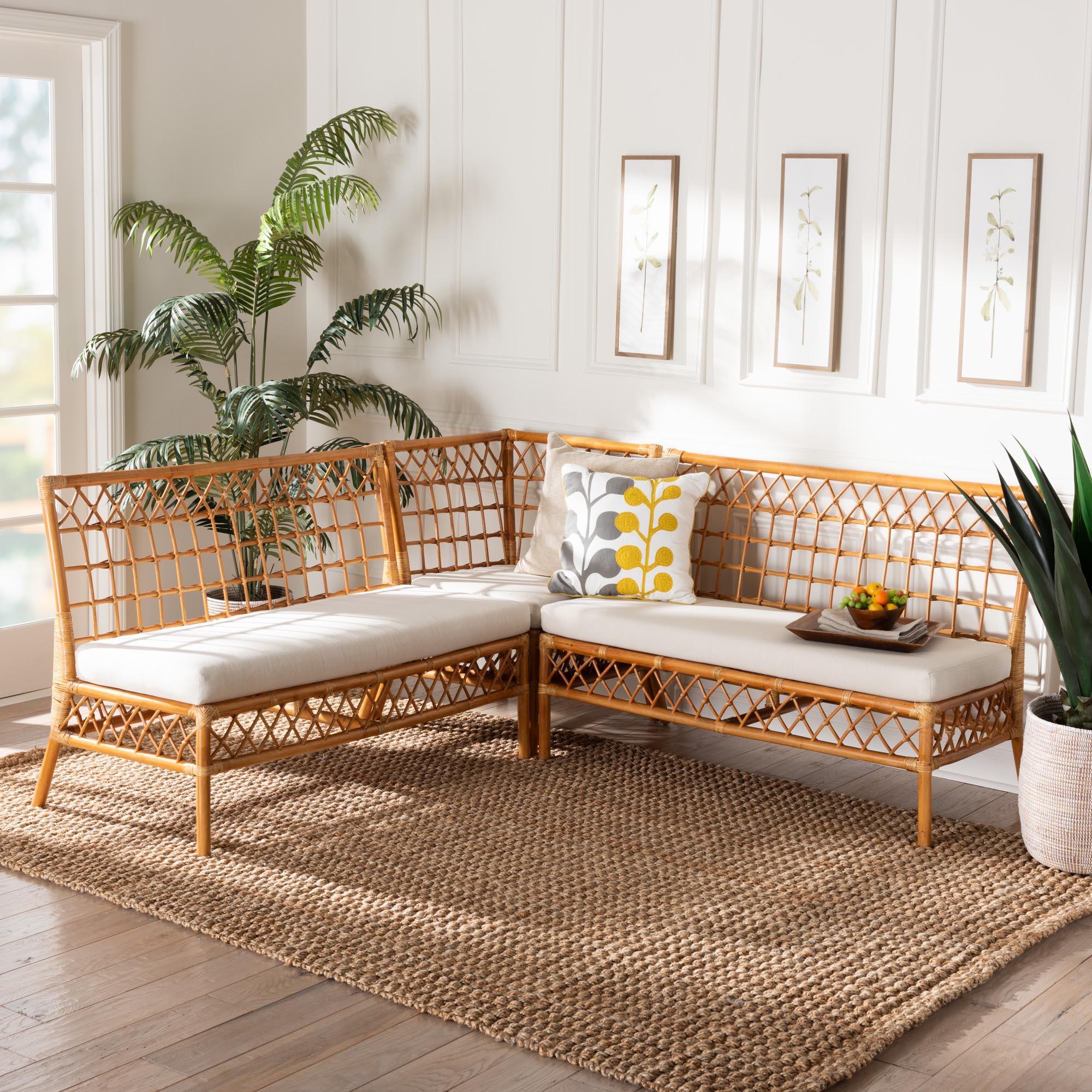 bali & pari Capella Modern Bohemian Honey Rattan 3-Piece Dining Nook Banquette Set