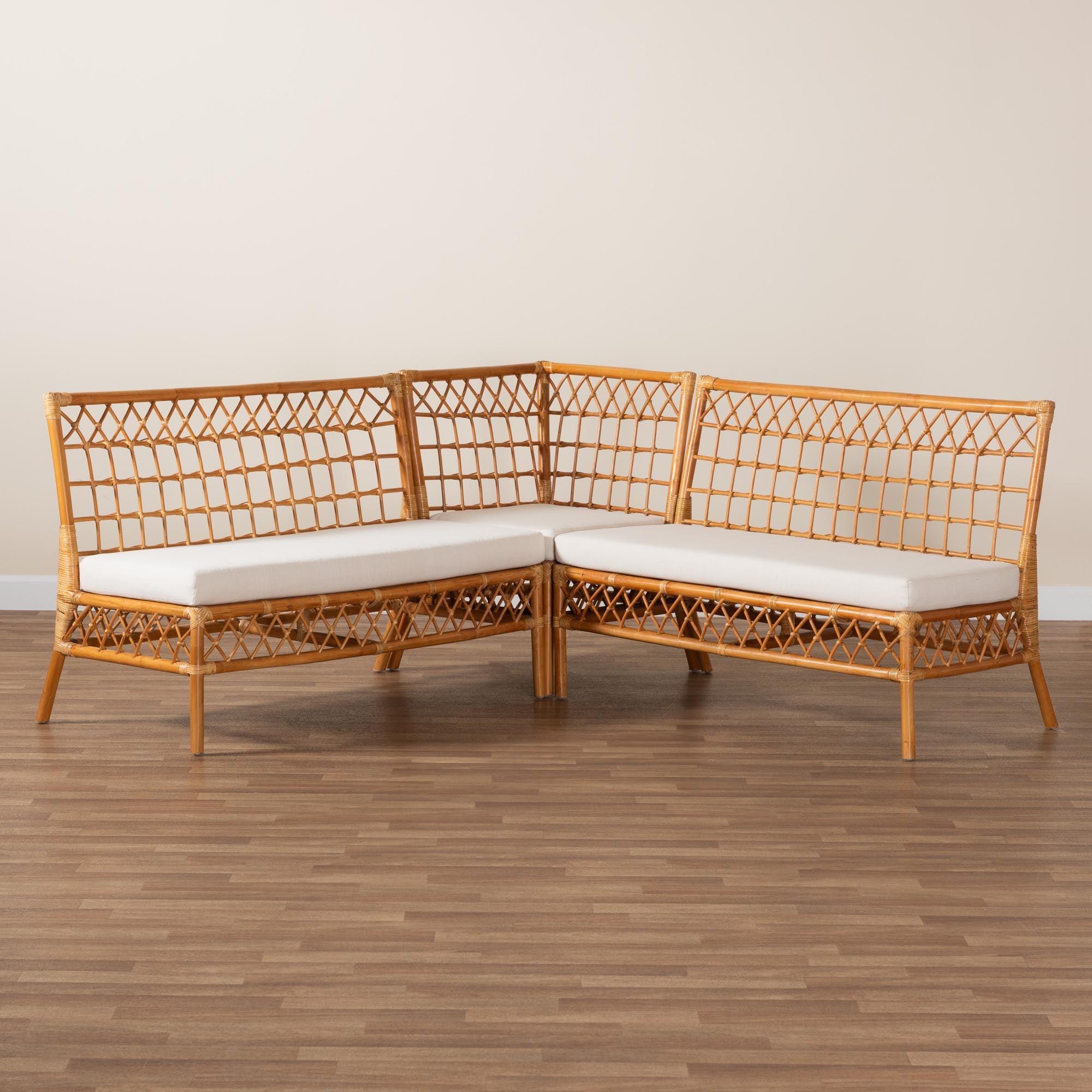 bali & pari Capella Modern Bohemian Honey Rattan 3-Piece Dining Nook Banquette Set