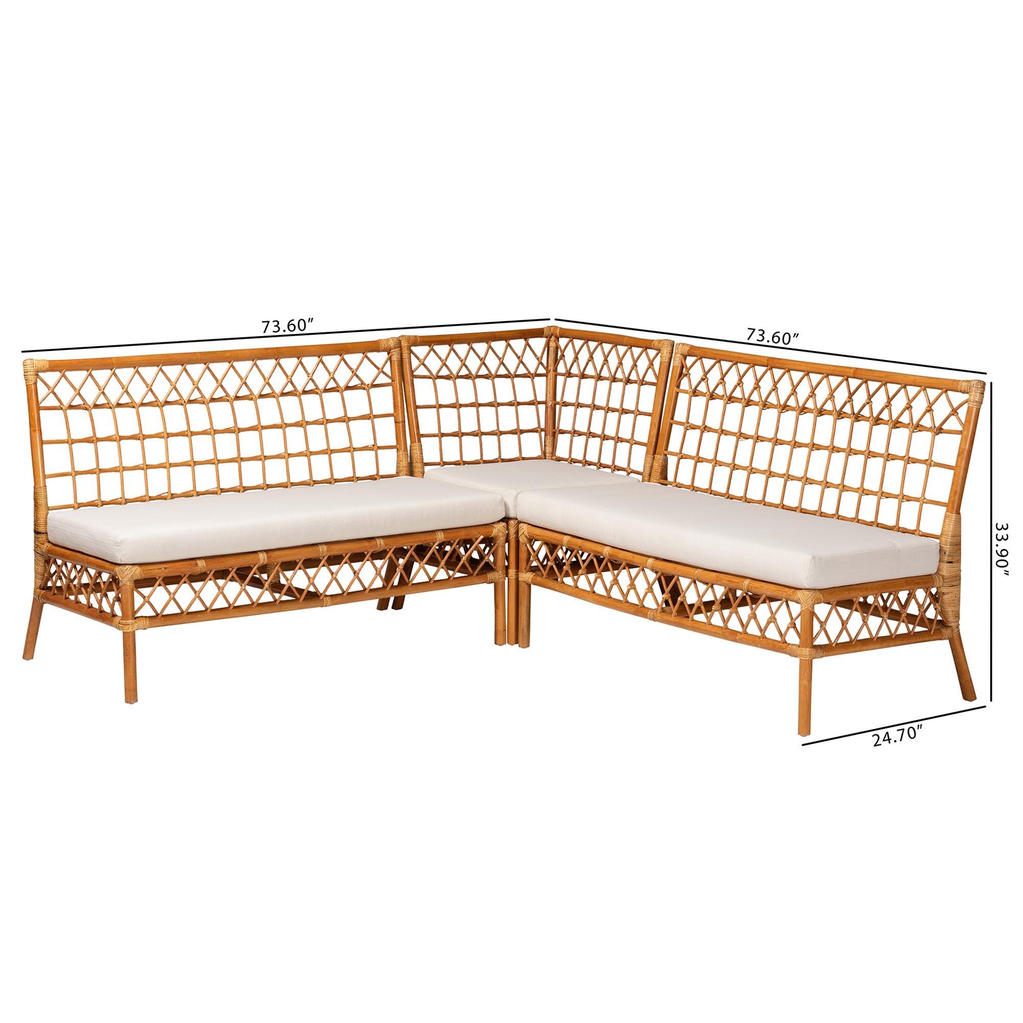 bali & pari Capella Modern Bohemian Honey Rattan 3-Piece Dining Nook Banquette Set