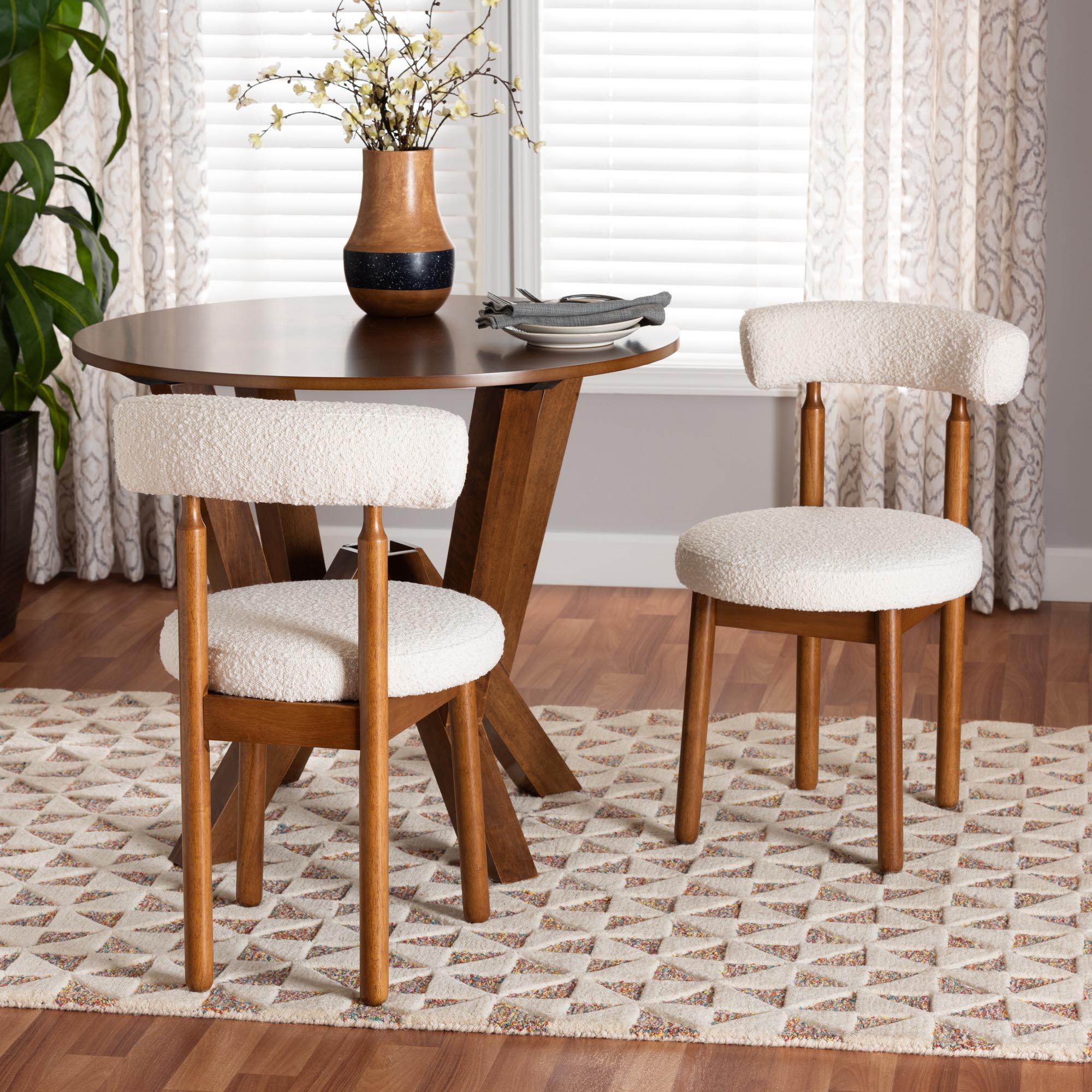 Edric Modern Japandi Cream Boucle Fabric and Finished Wood 2-Piece Dining Chair Set