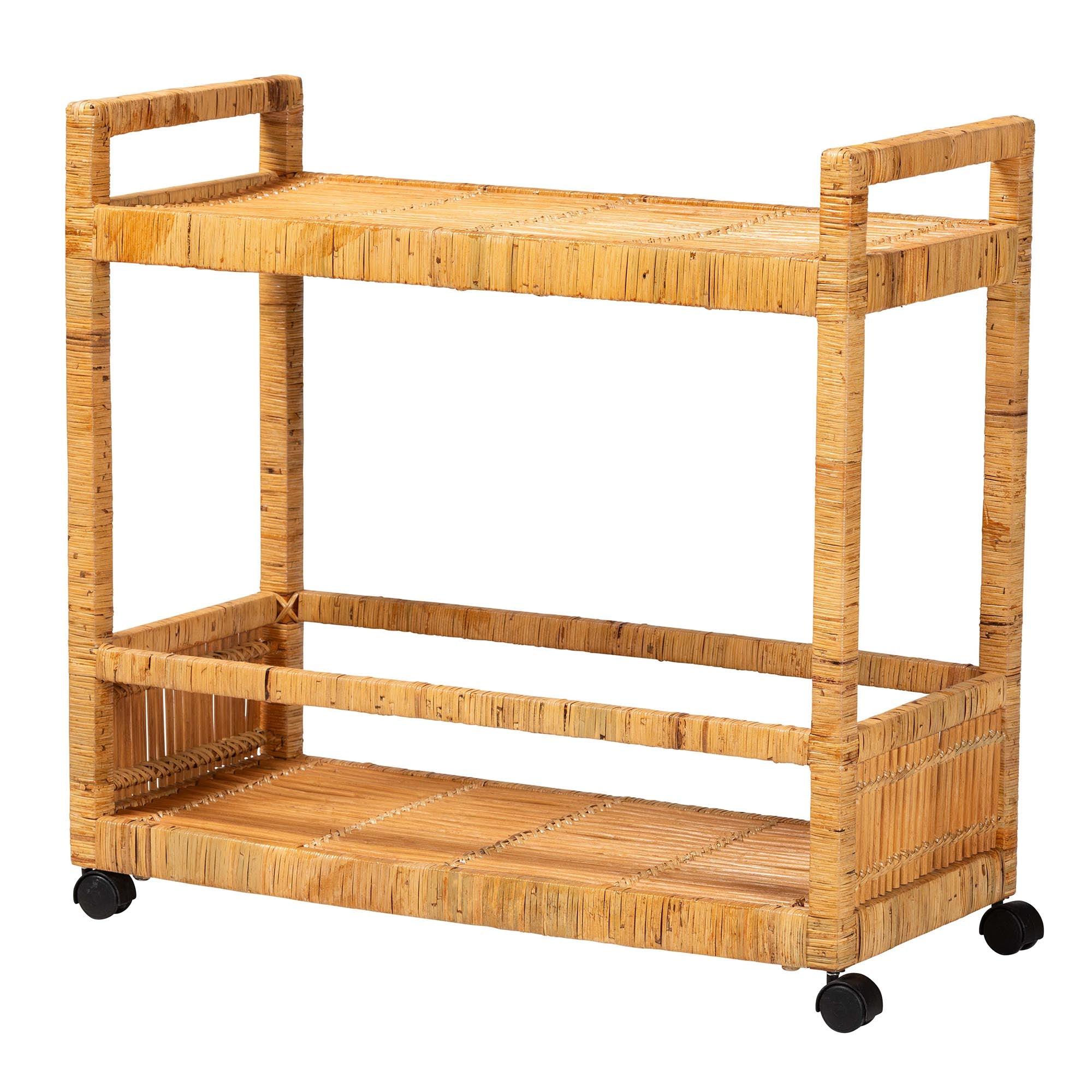 bali & pari Genet Modern Bohemian Rattan and Teak Wood 2-Tier Kitchen Cart