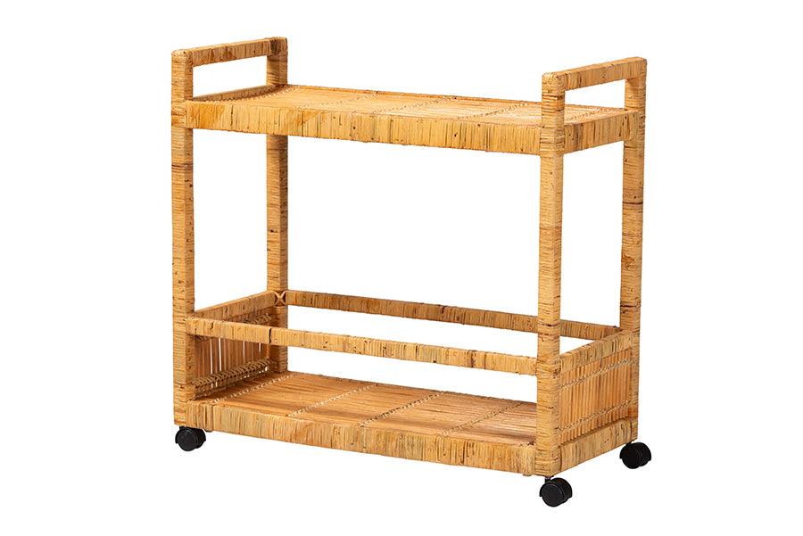 bali & pari Genet Modern Bohemian Rattan and Teak Wood 2-Tier Kitchen Cart